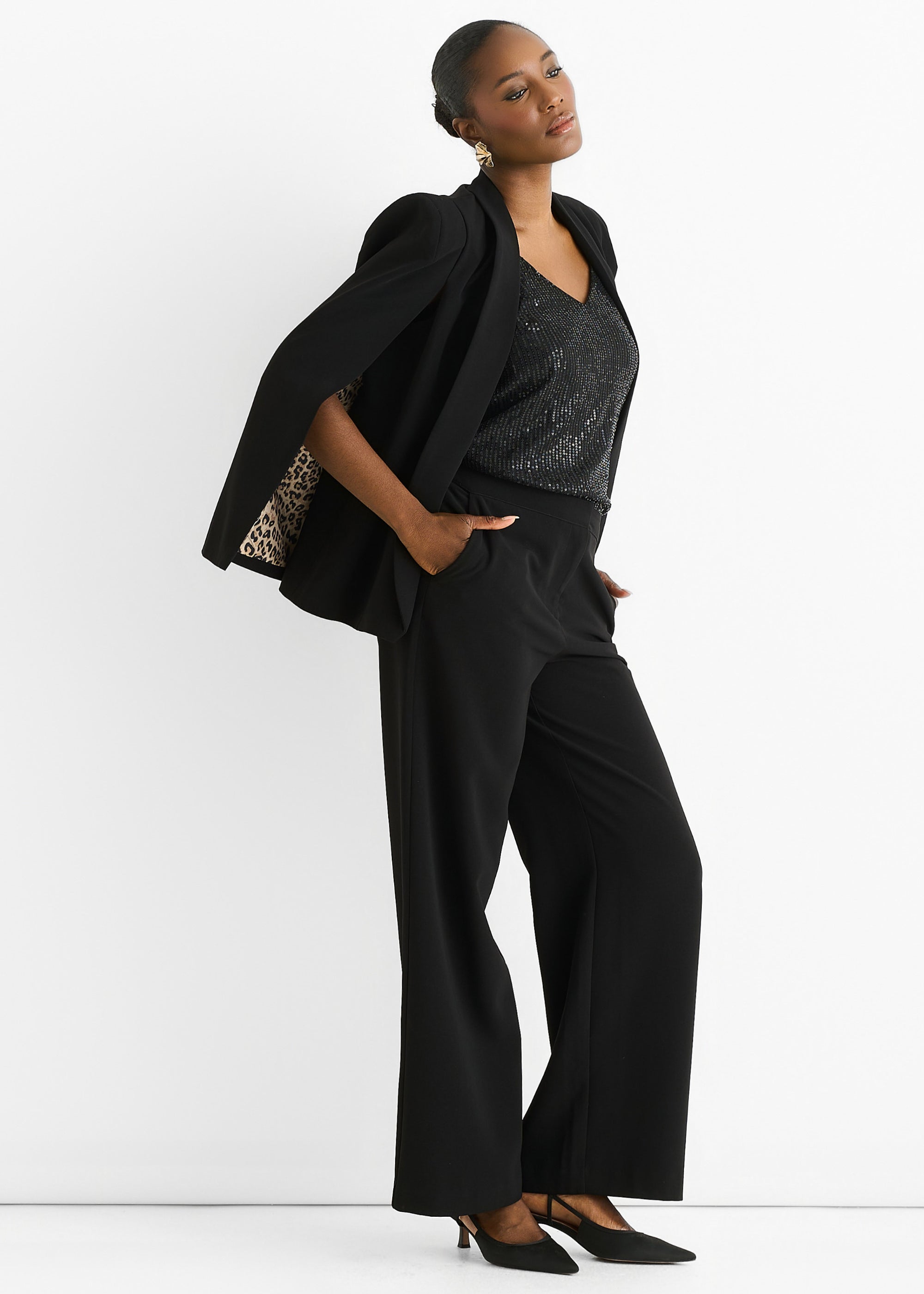 Black Tailoring Cape with Leopard Print Lining