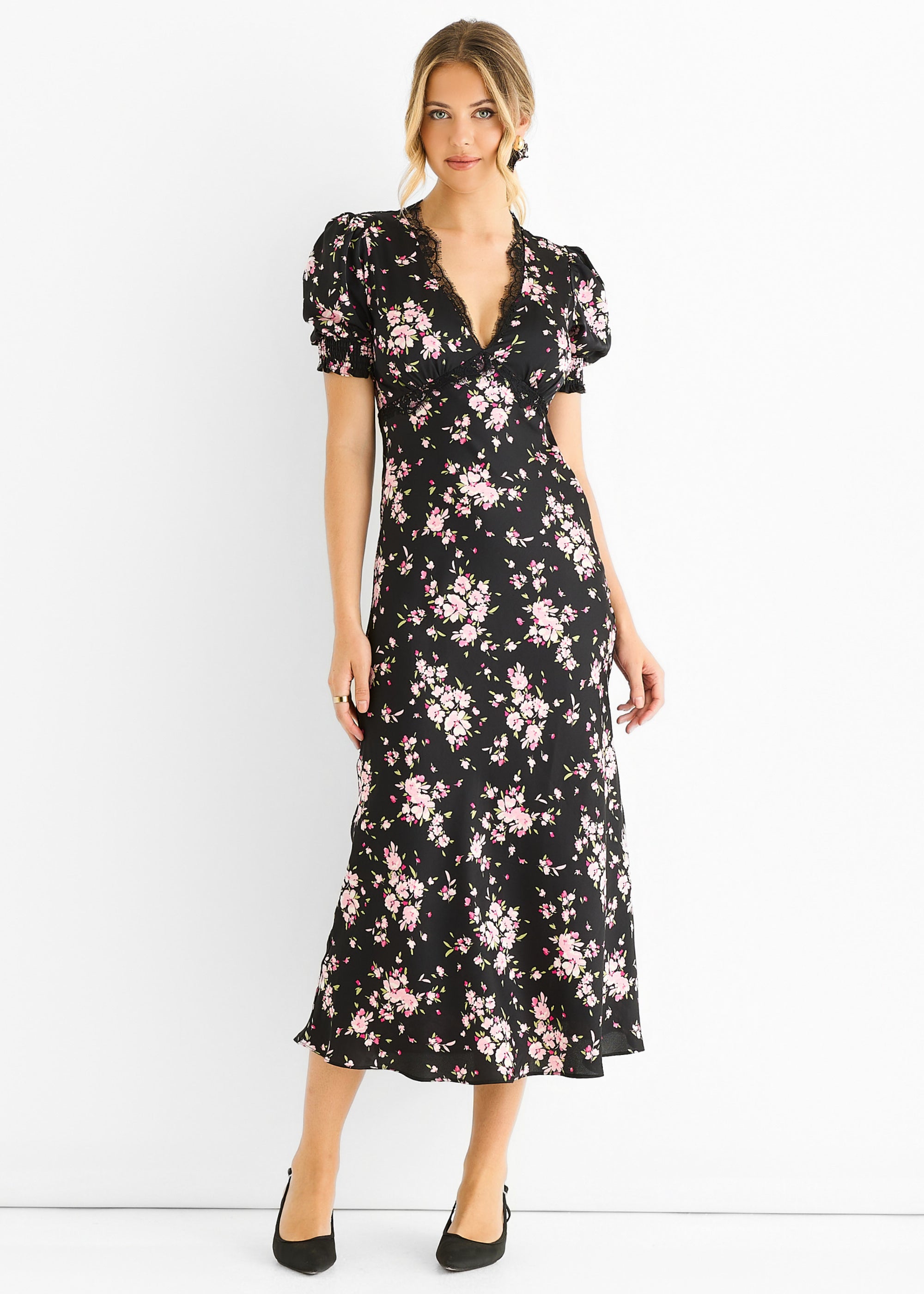 Black Floral Lace Trim Bias Midi Dress