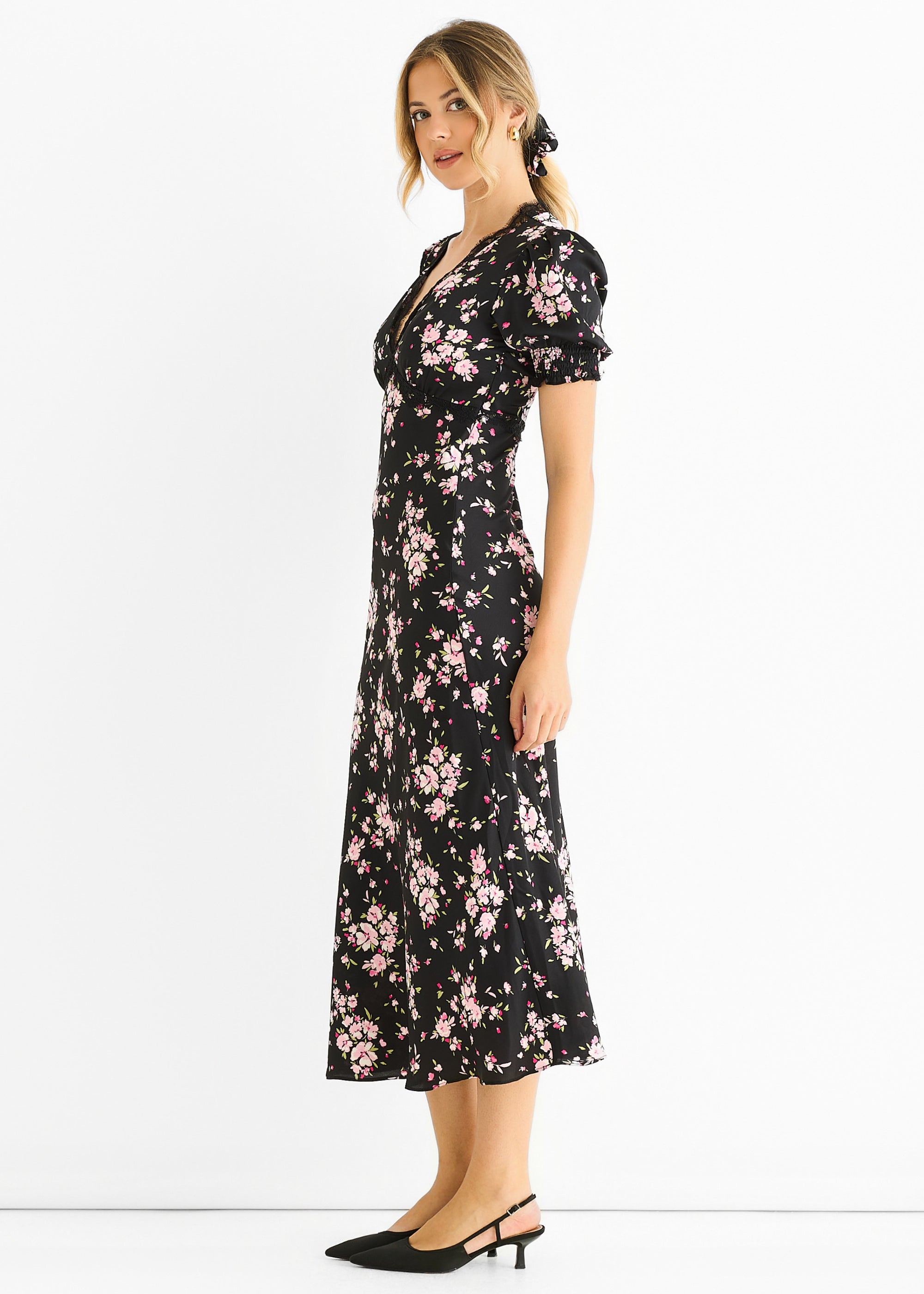 Black Floral Lace Trim Bias Midi Dress