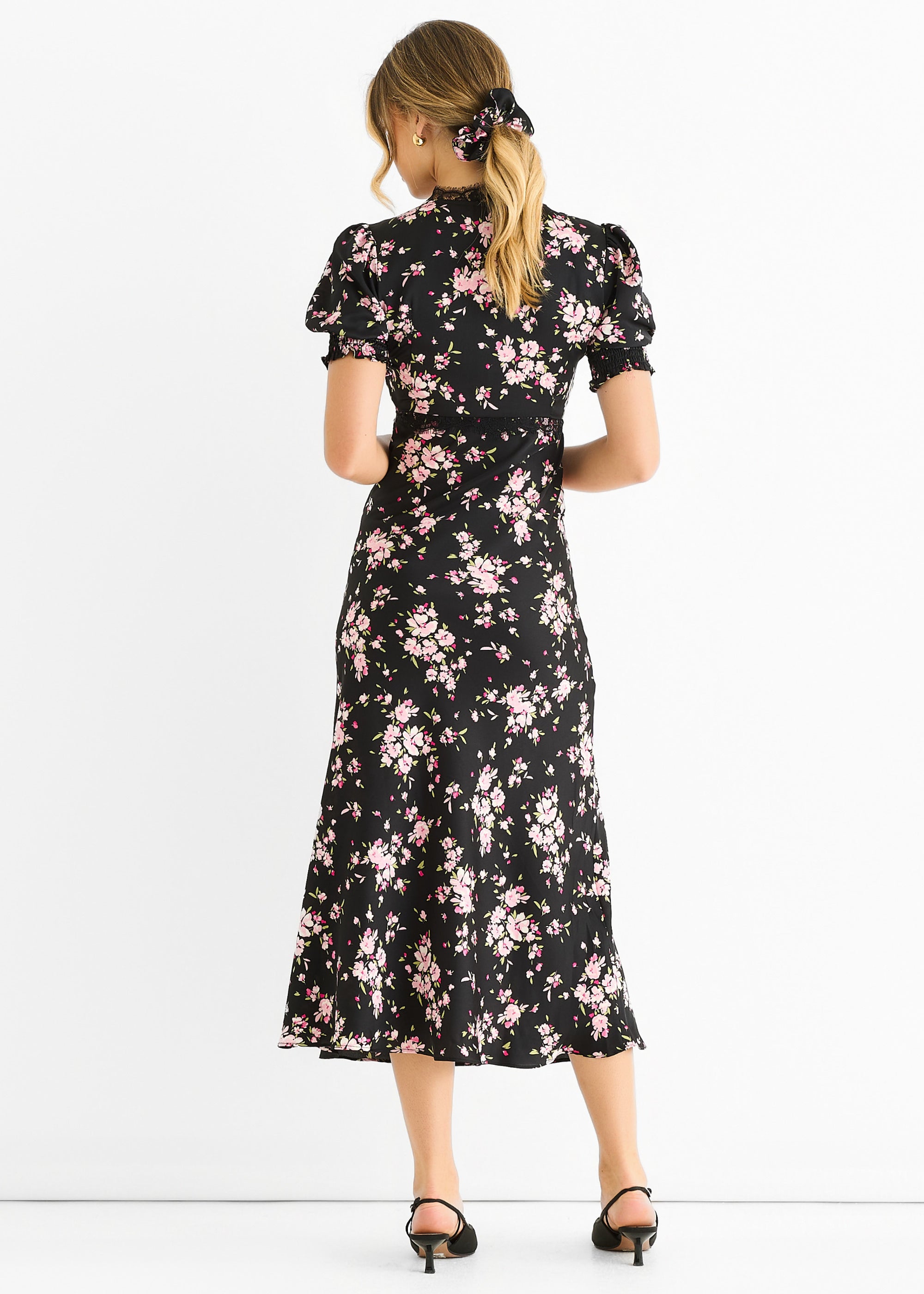 Black Floral Lace Trim Bias Midi Dress