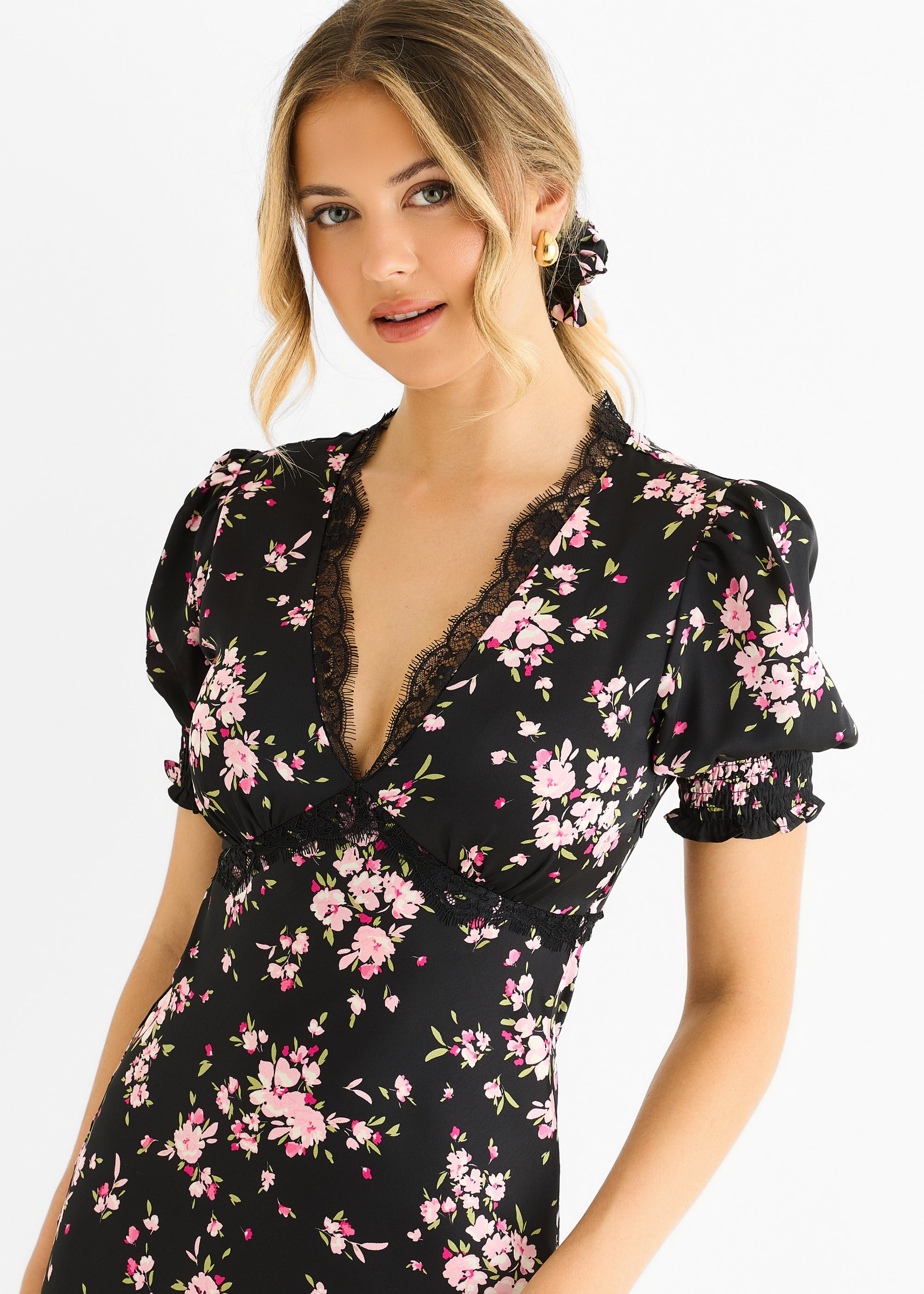 Black Floral Lace Trim Bias Midi Dress