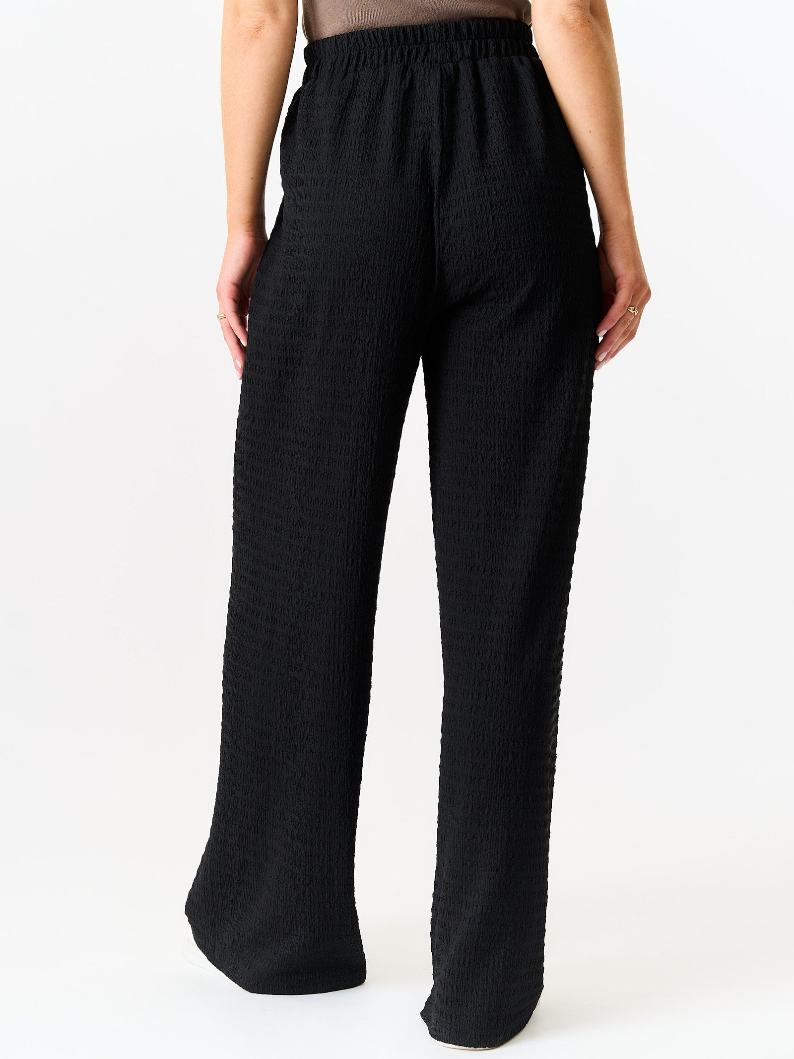 Black Textured Elastic Waist Pull On Trousers