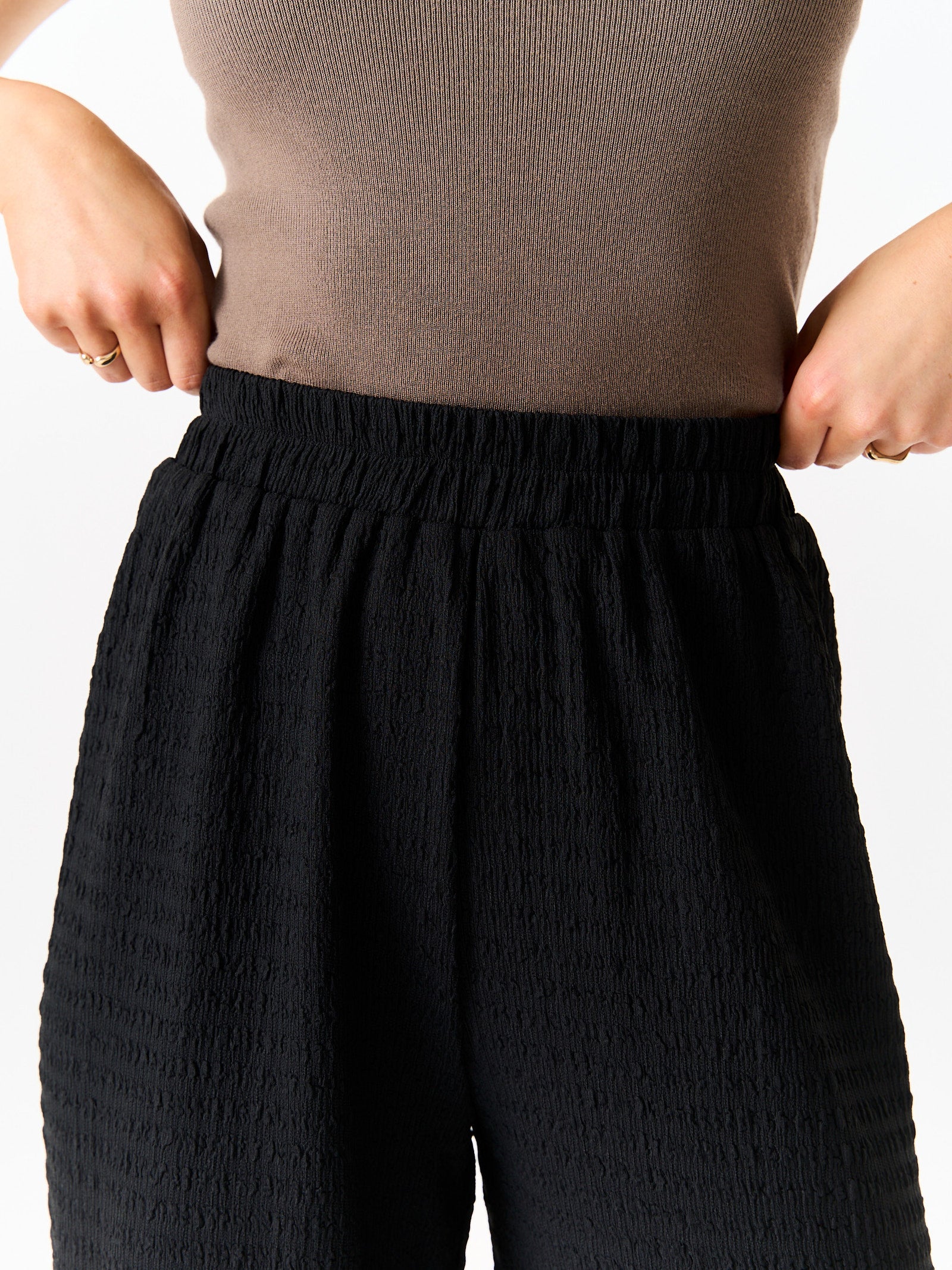 Black Textured Elastic Waist Pull On Trousers