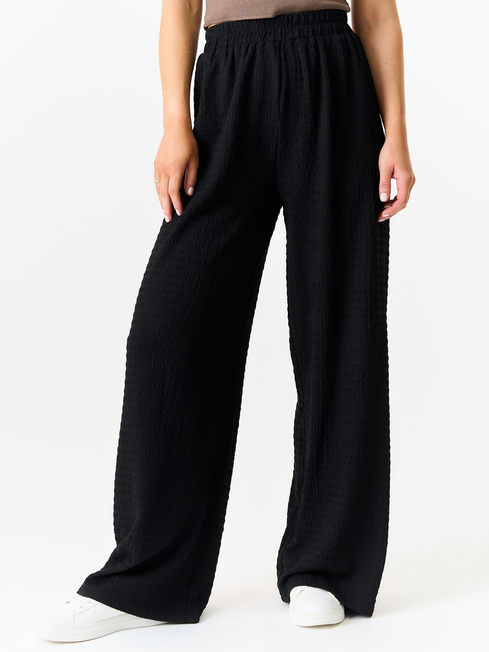 Black Textured Elastic Waist Pull On Trousers