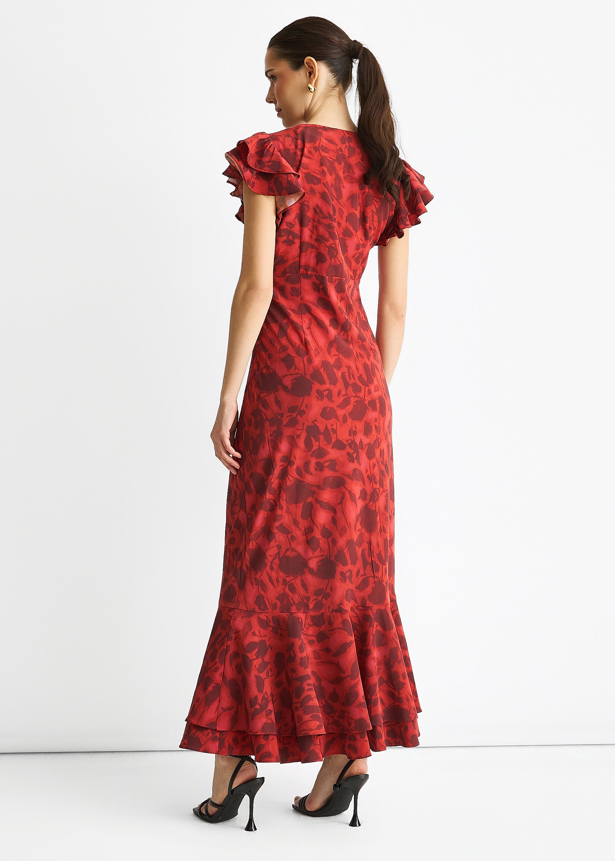 Red V Neck Floral Print Ruffle Maxi Dress