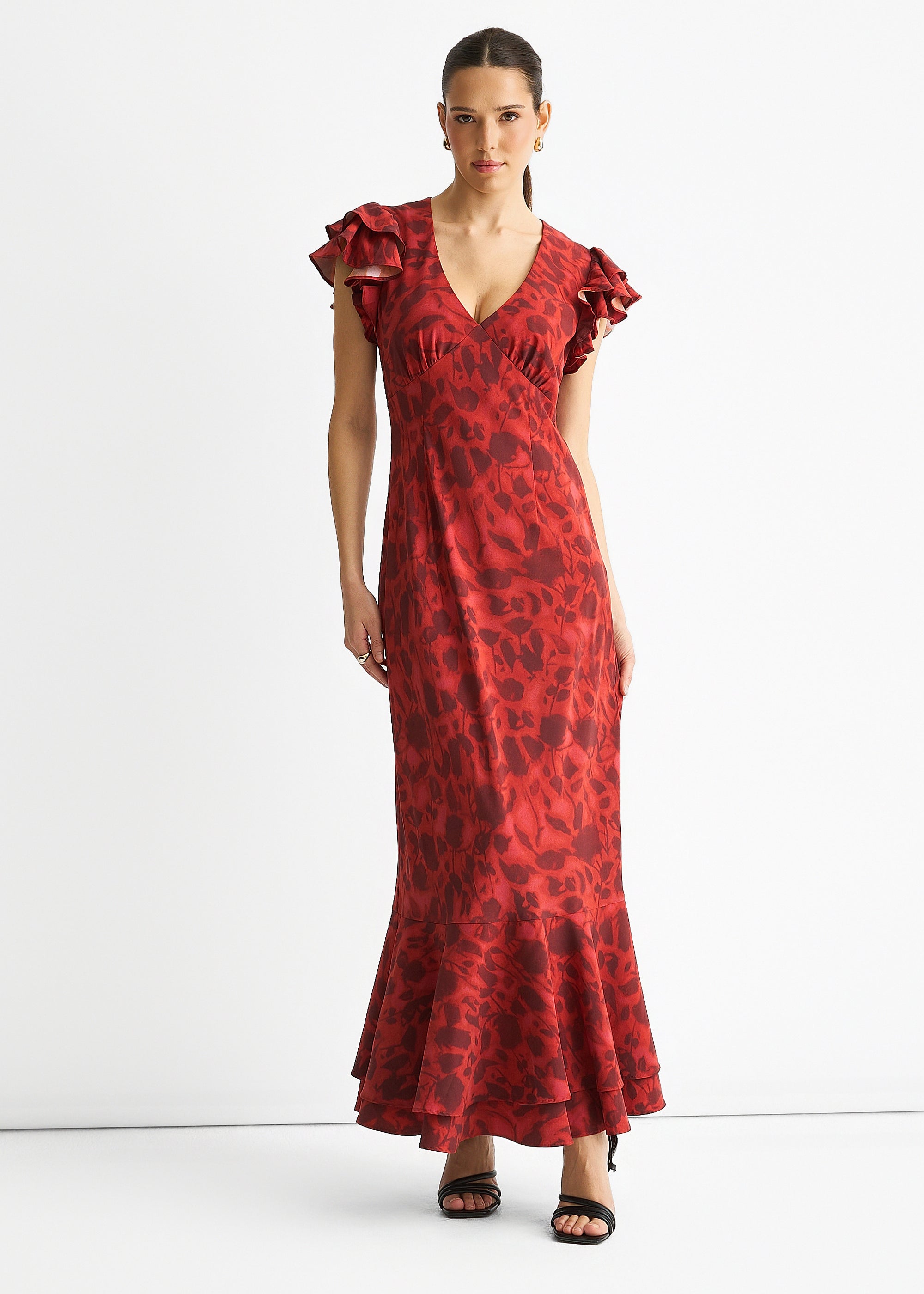Red V Neck Floral Print Ruffle Maxi Dress