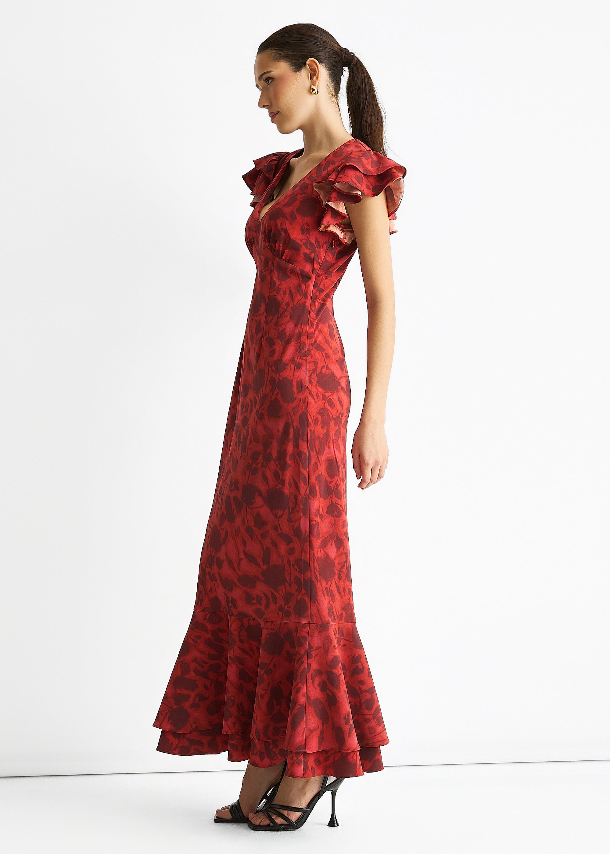 Red V Neck Floral Print Ruffle Maxi Dress