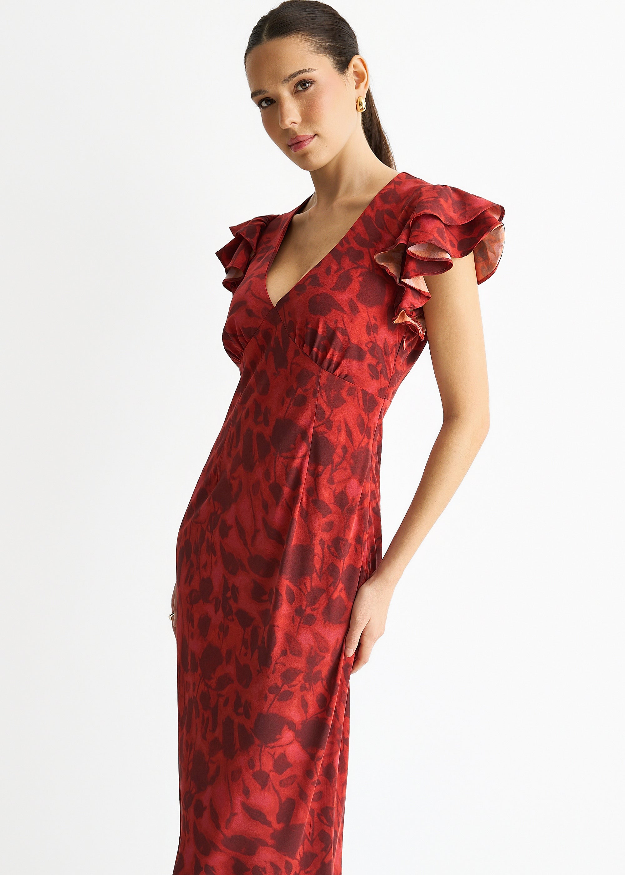 Red V Neck Floral Print Ruffle Maxi Dress