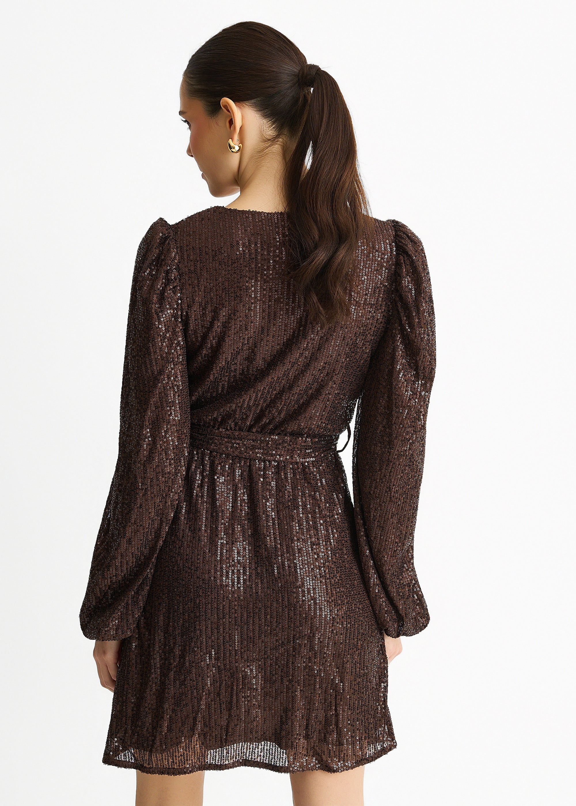 Chocolate Sequin V Neck Belted Mini Dress