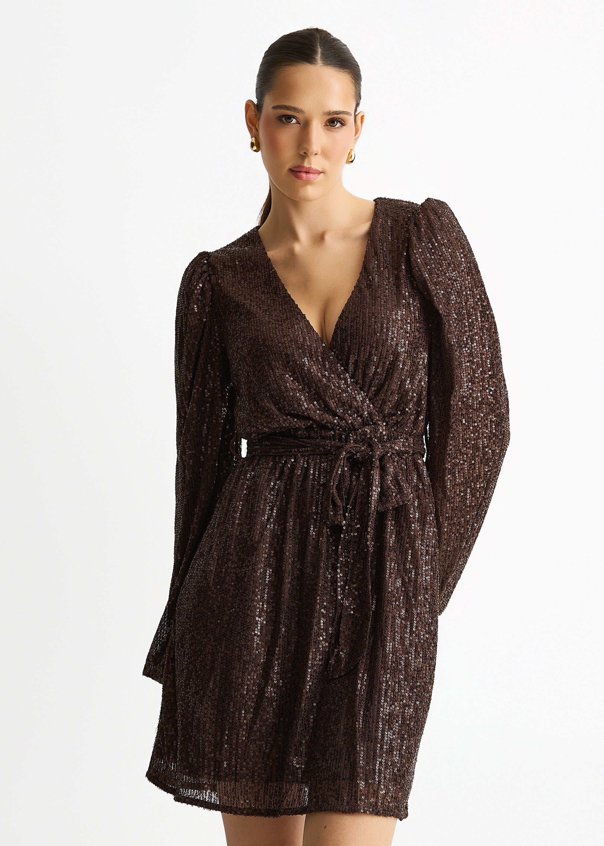 Chocolate Sequin V Neck Belted Mini Dress
