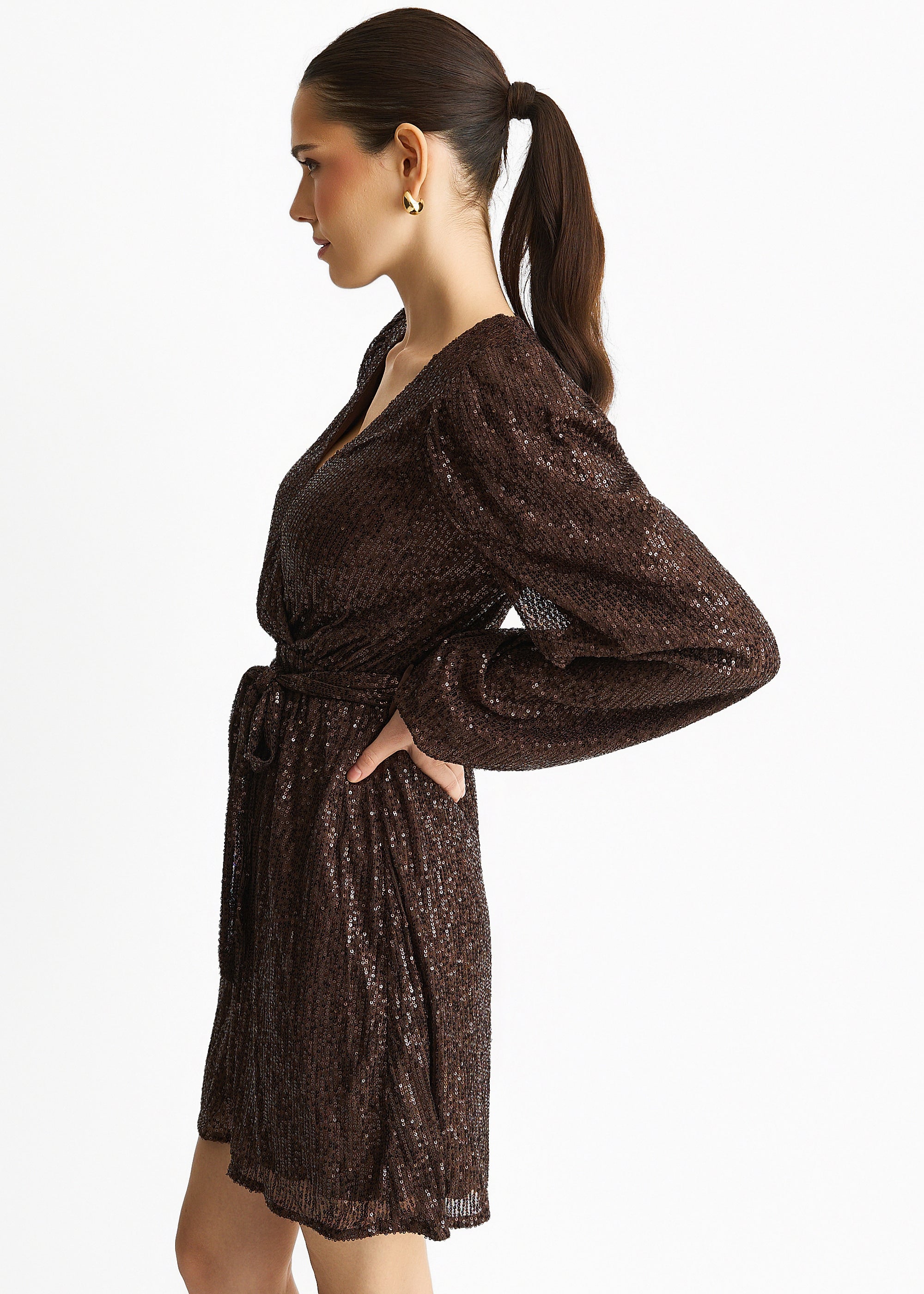 Chocolate Sequin V Neck Belted Mini Dress