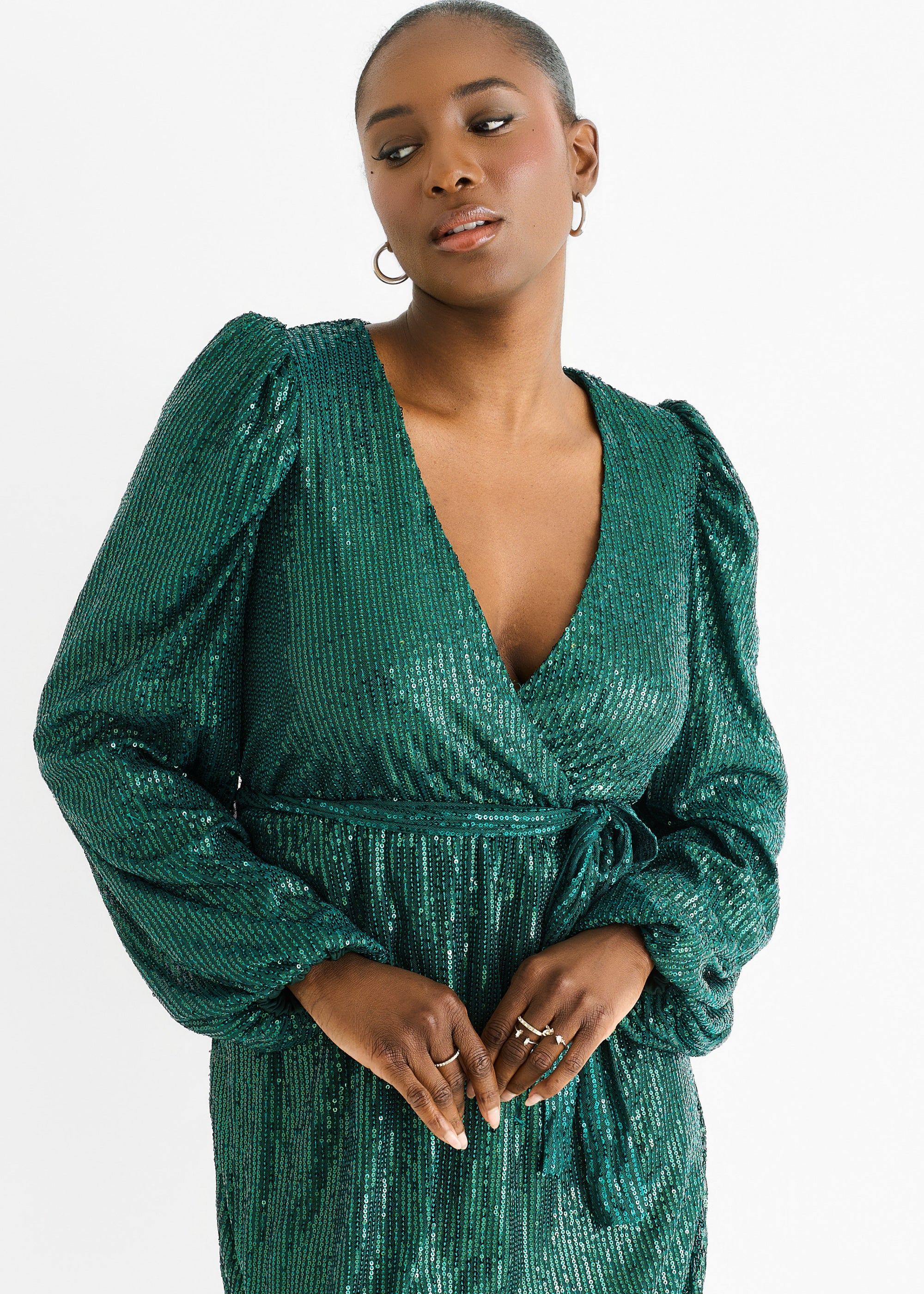 Bottle Green Sequin V Neck Belted Mini Dress