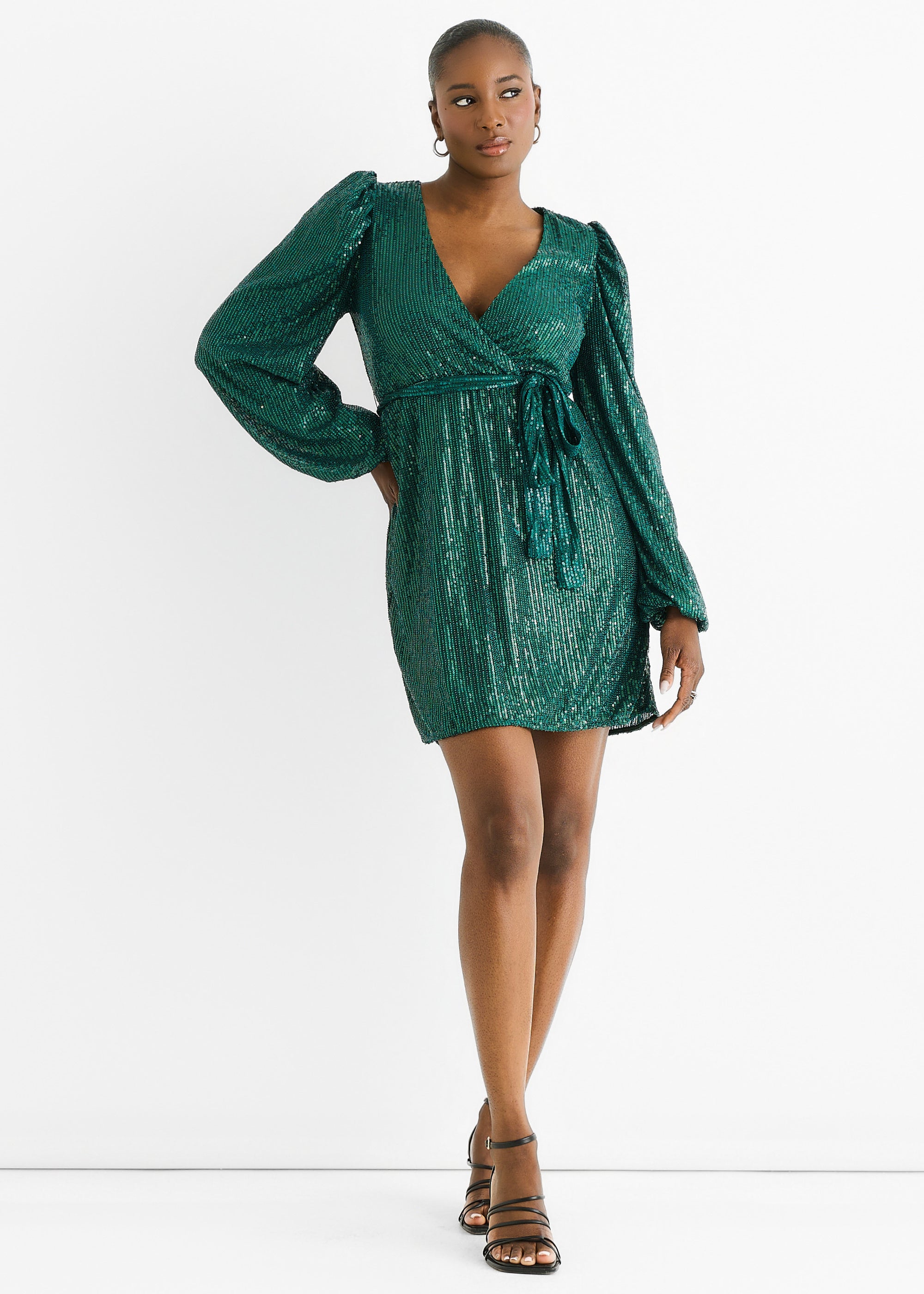 Bottle Green Sequin V Neck Belted Mini Dress