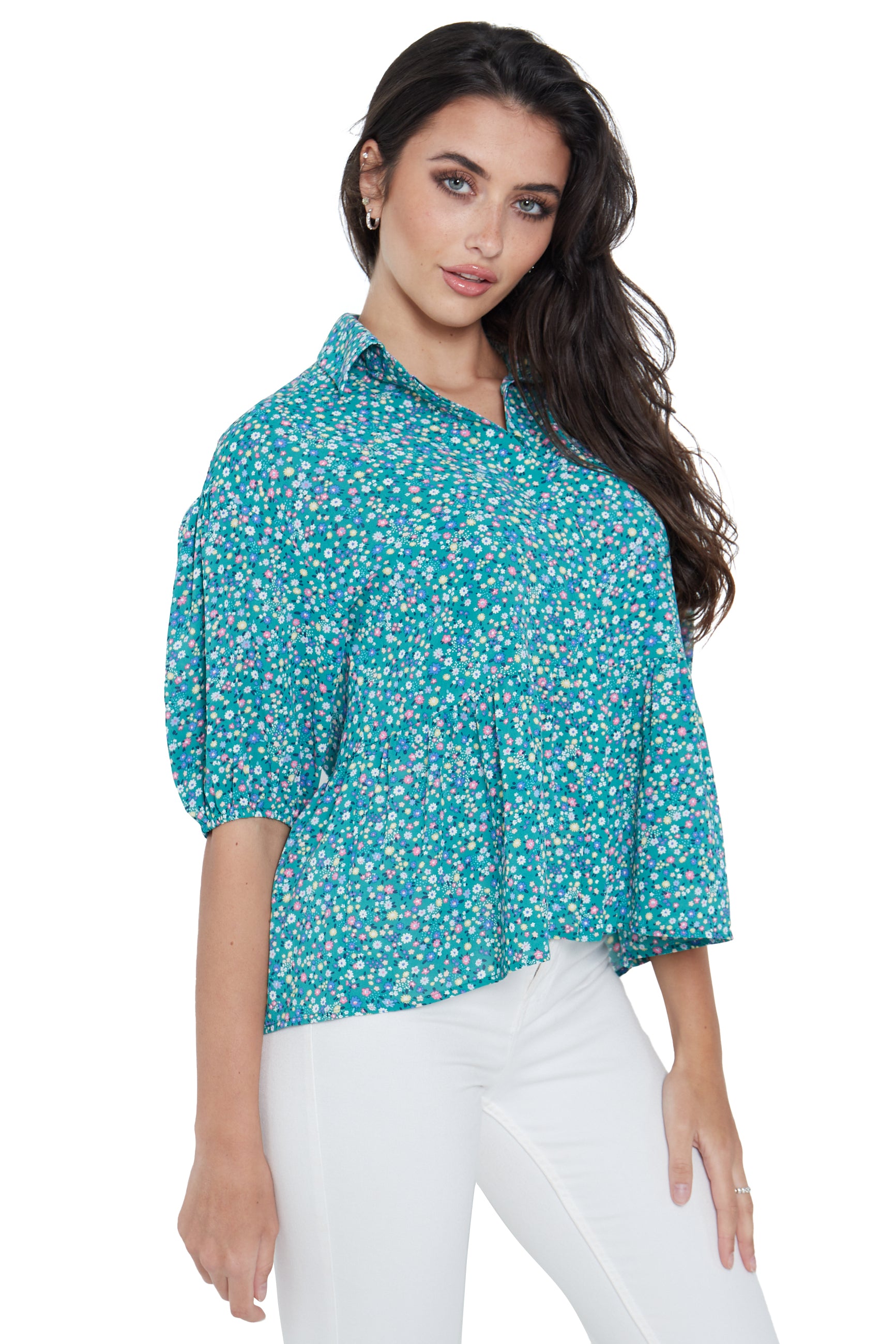 Green Ditsy Print Collared Smock Top