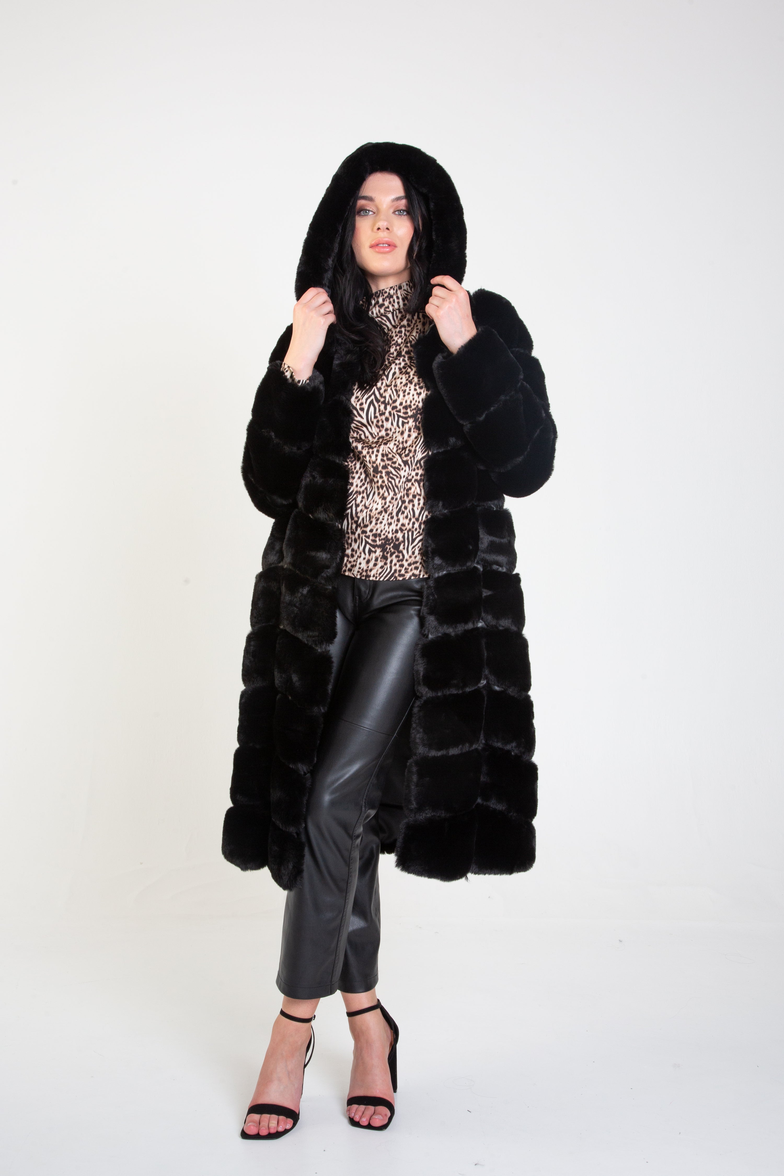 Black Panelled Hooded Longline Fur Coat