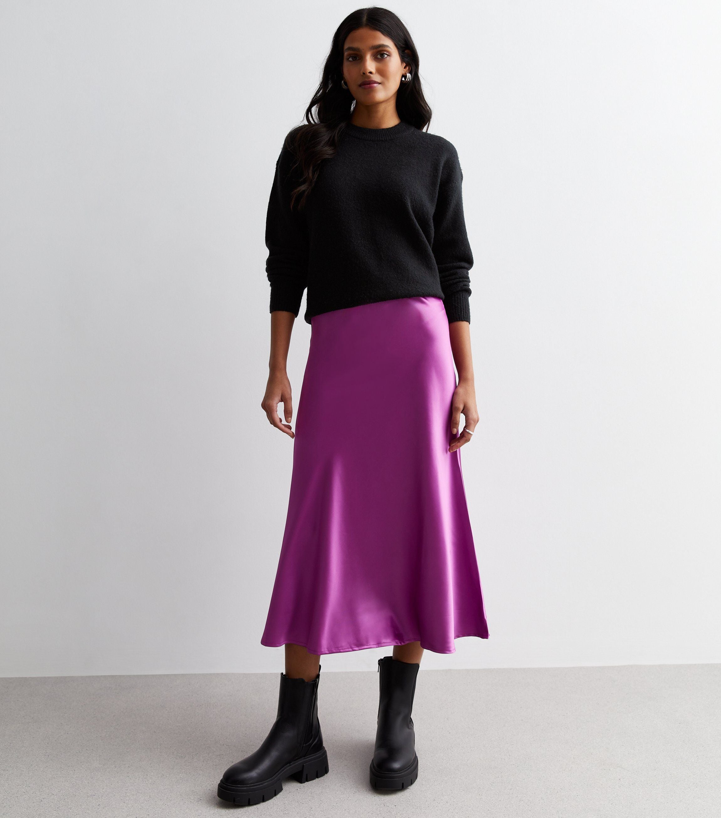 Purple Satin Bias Cut Midi Skirt