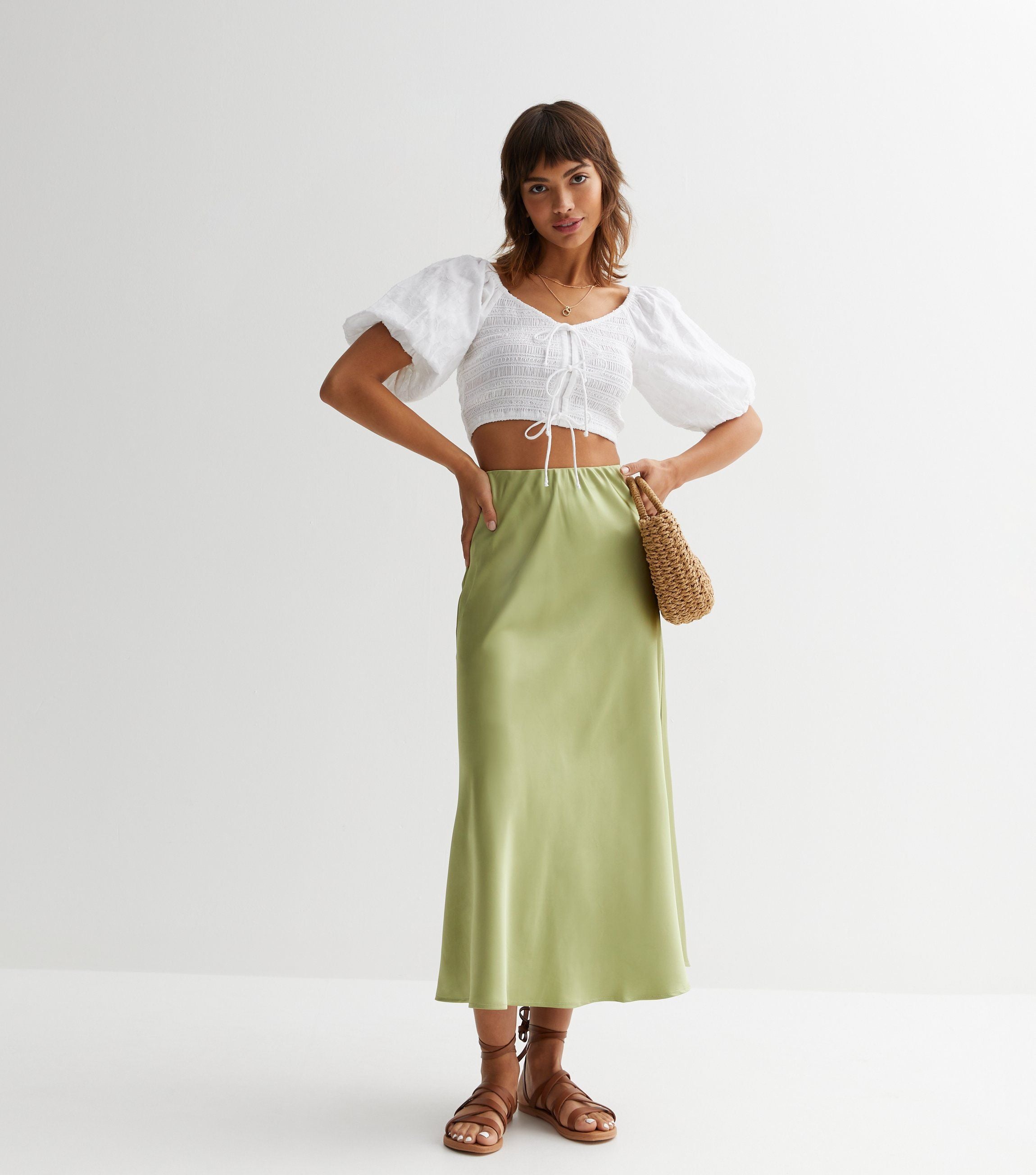 Sage Green Satin Bias Cut Midi Skirt