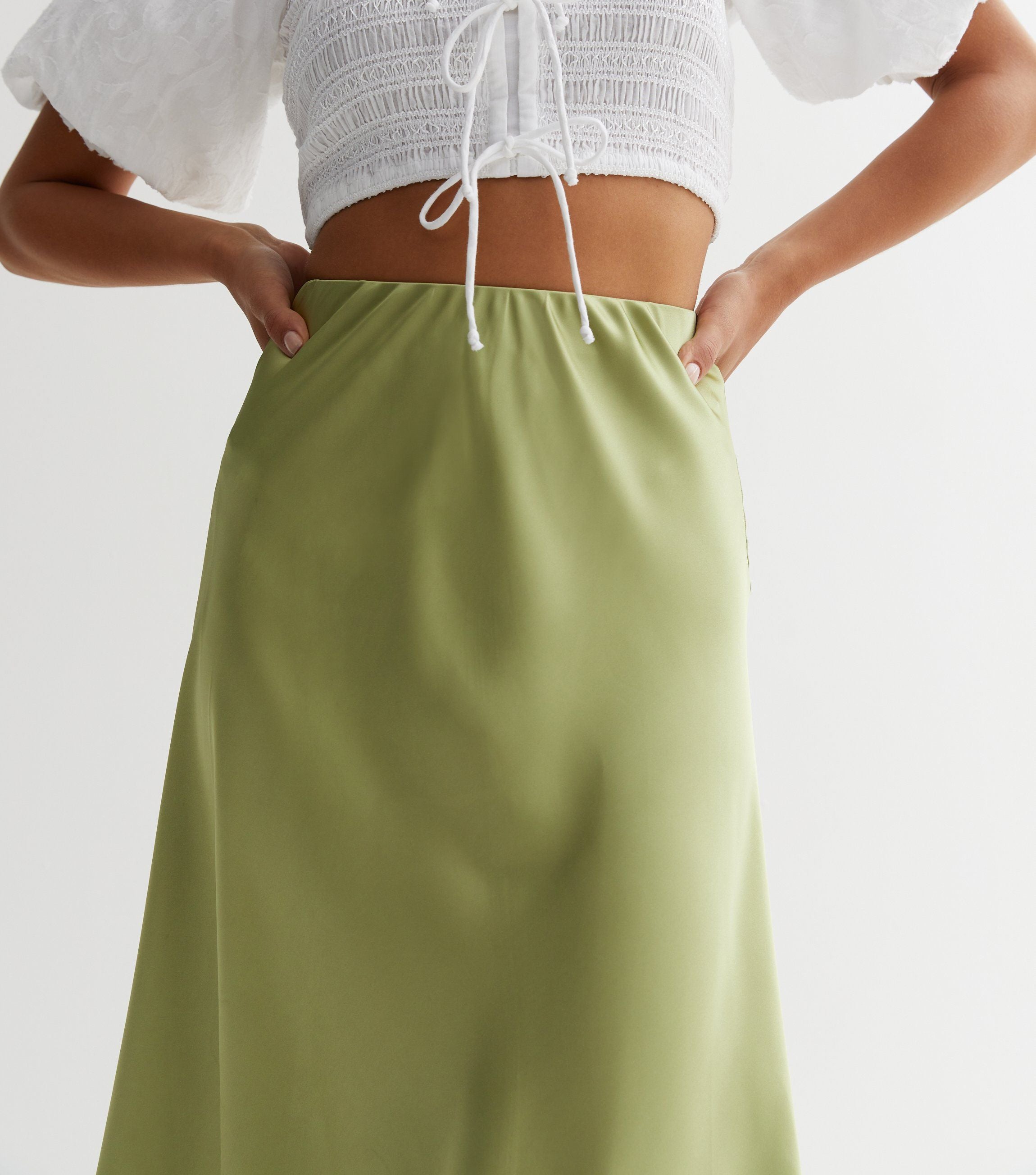 Sage Green Satin Bias Cut Midi Skirt