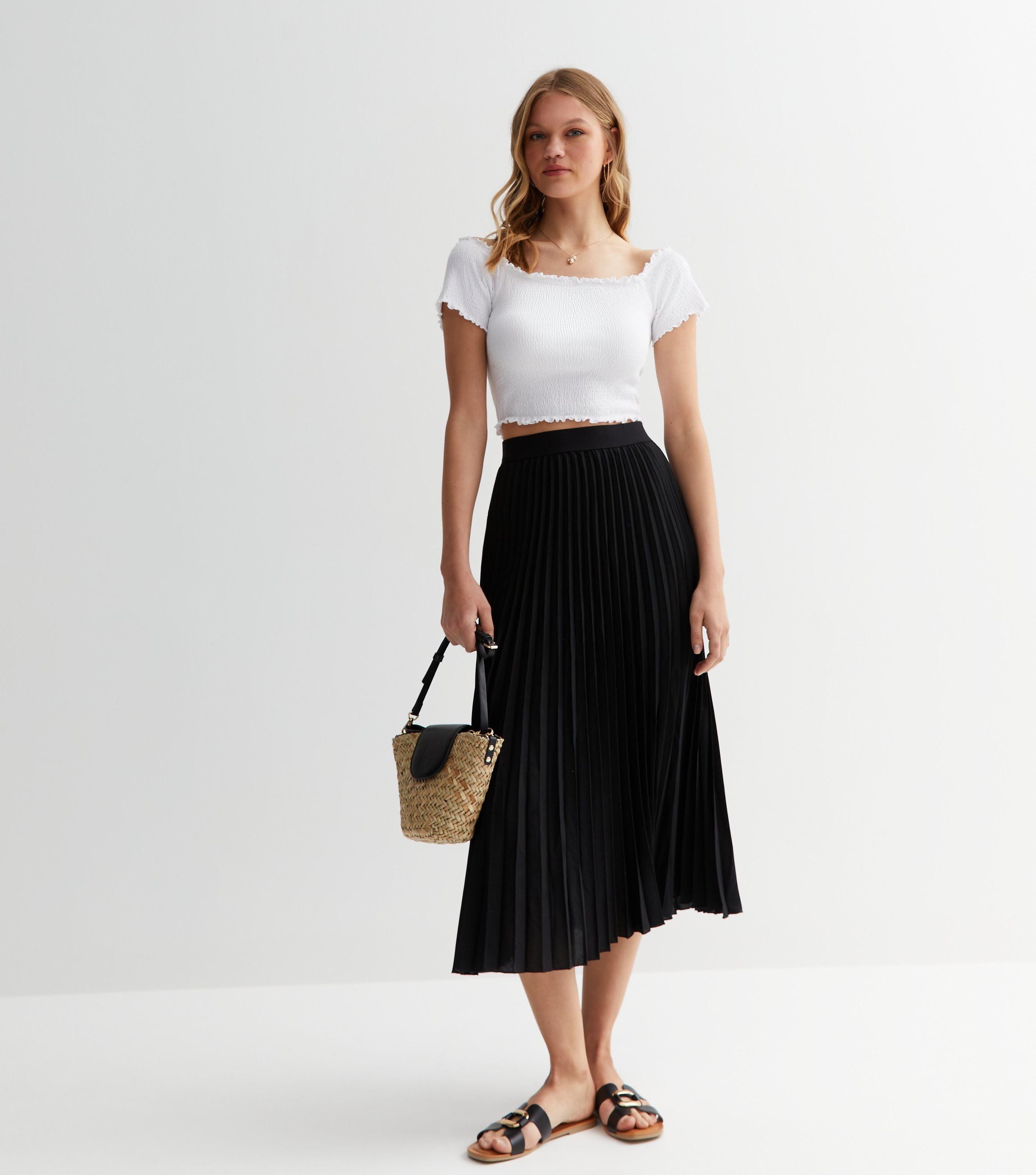 Black Pleated Elasticated Waist Midi Skirt
