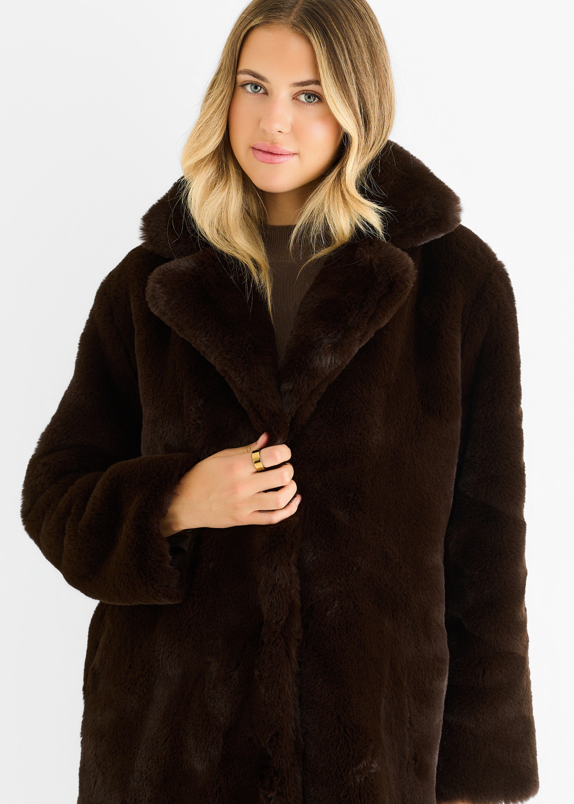 Chocolate Faux Fur Lapel Collar Longline Coat