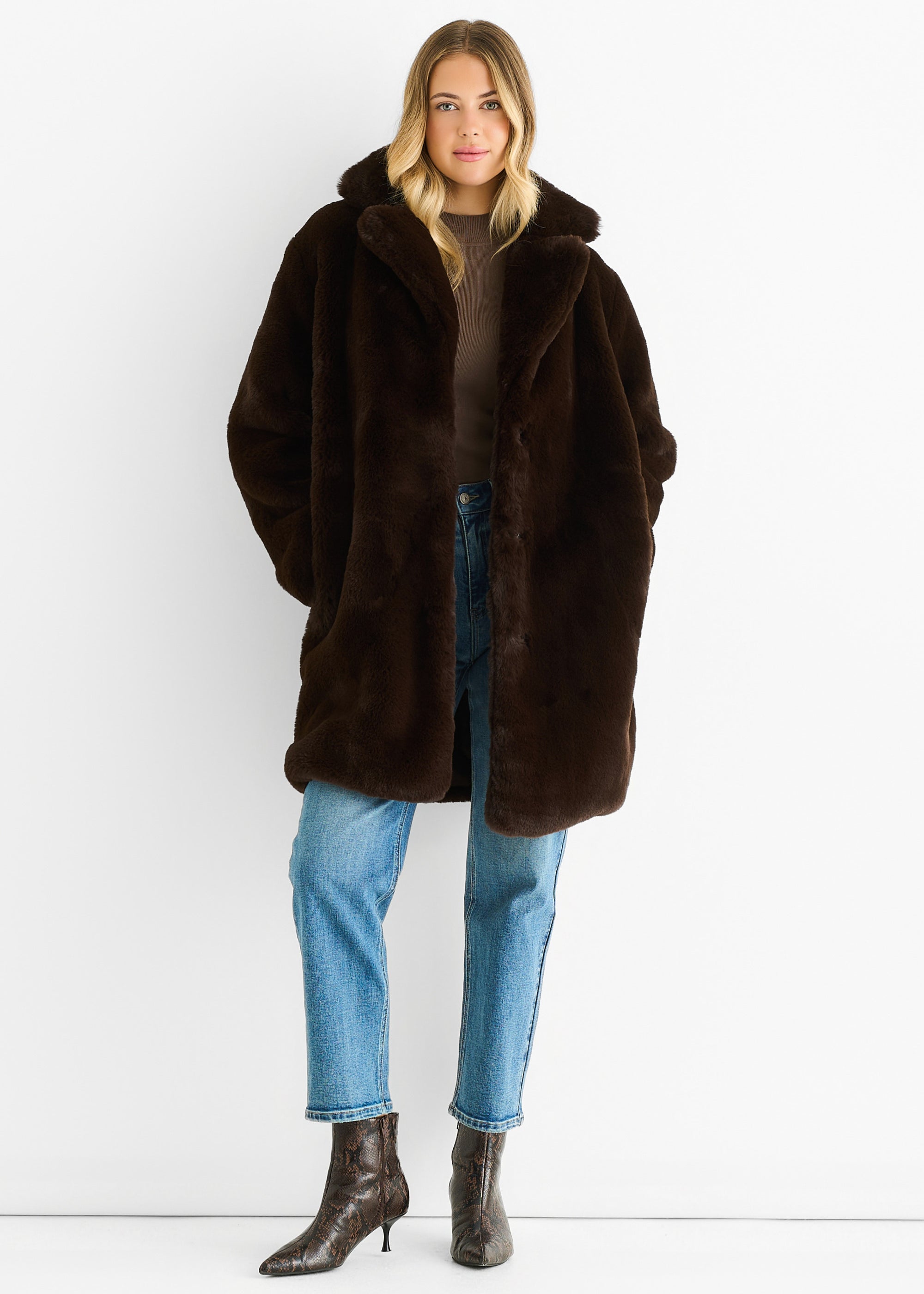 Chocolate Faux Fur Lapel Collar Longline Coat