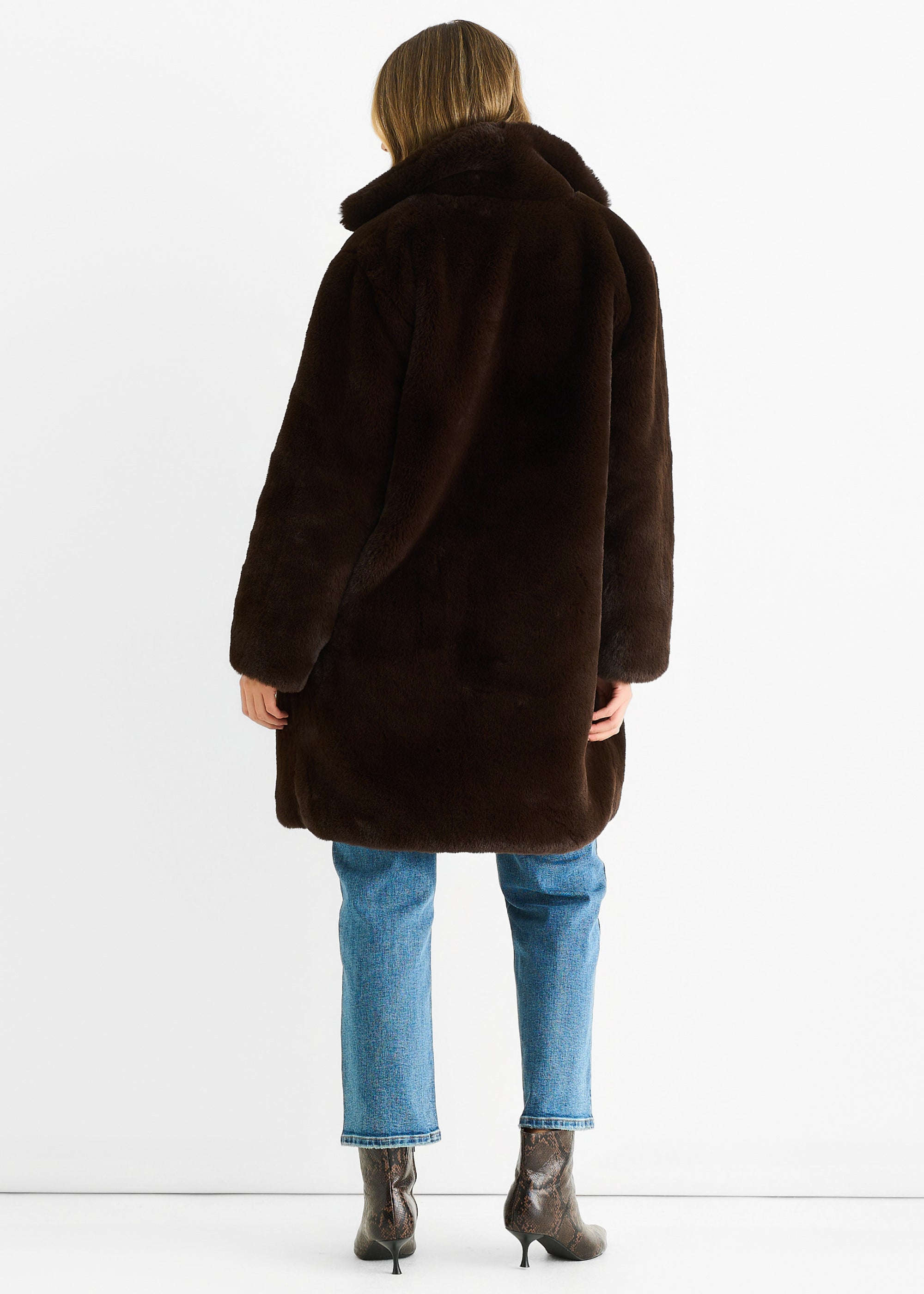 Chocolate Faux Fur Lapel Collar Longline Coat