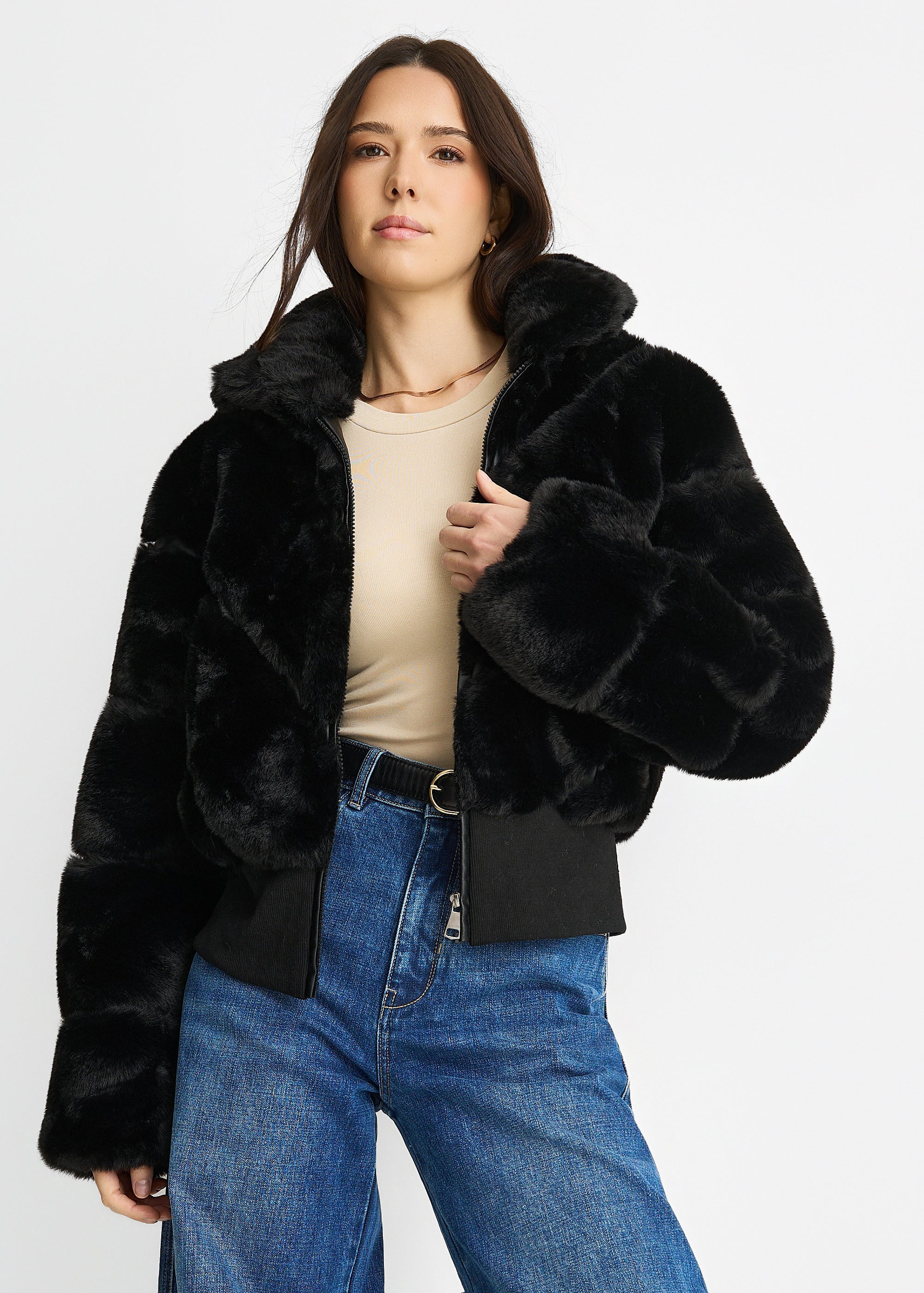 Black Faux Fur Zip Front Short Jacket