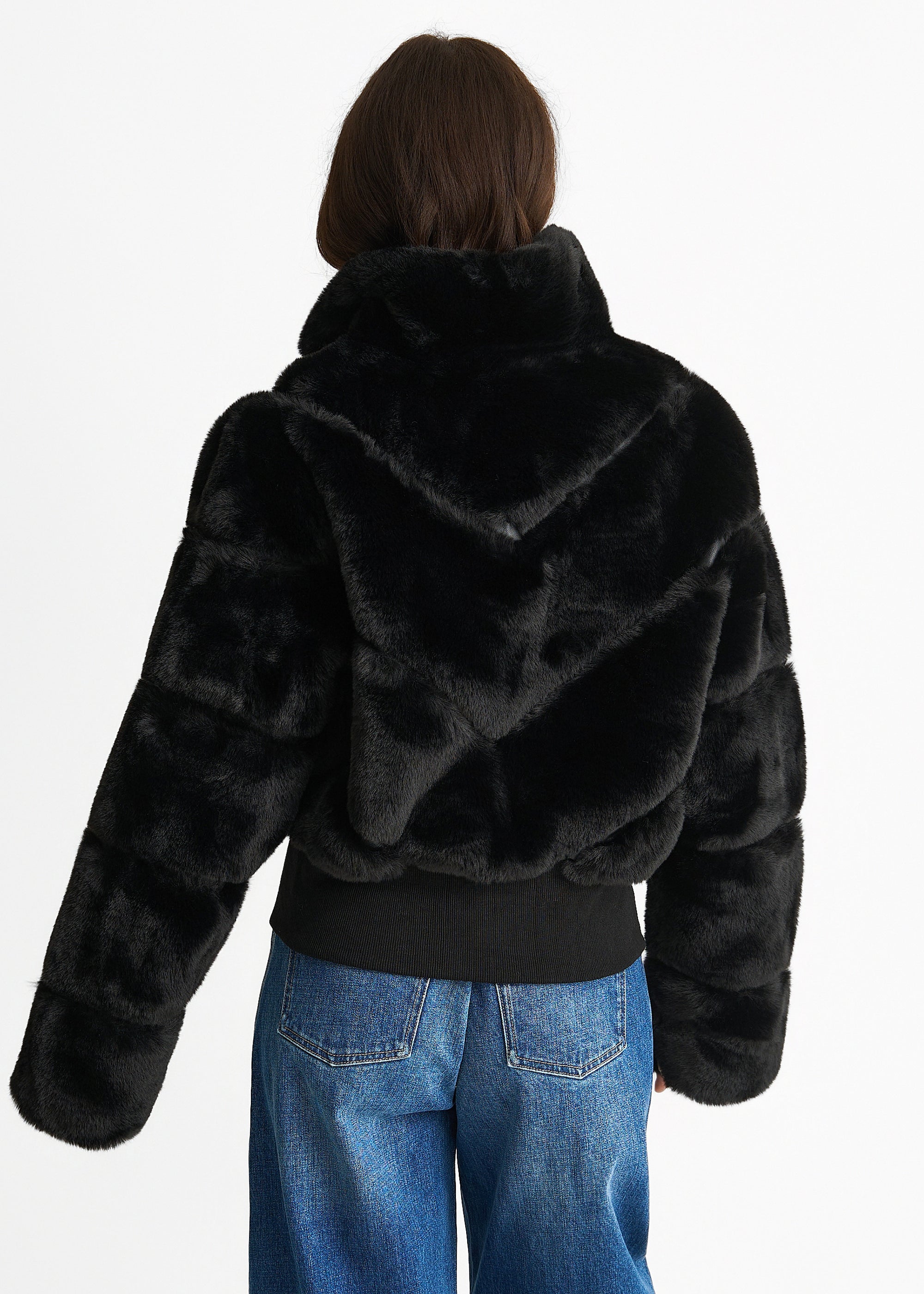 Black Faux Fur Zip Front Short Jacket