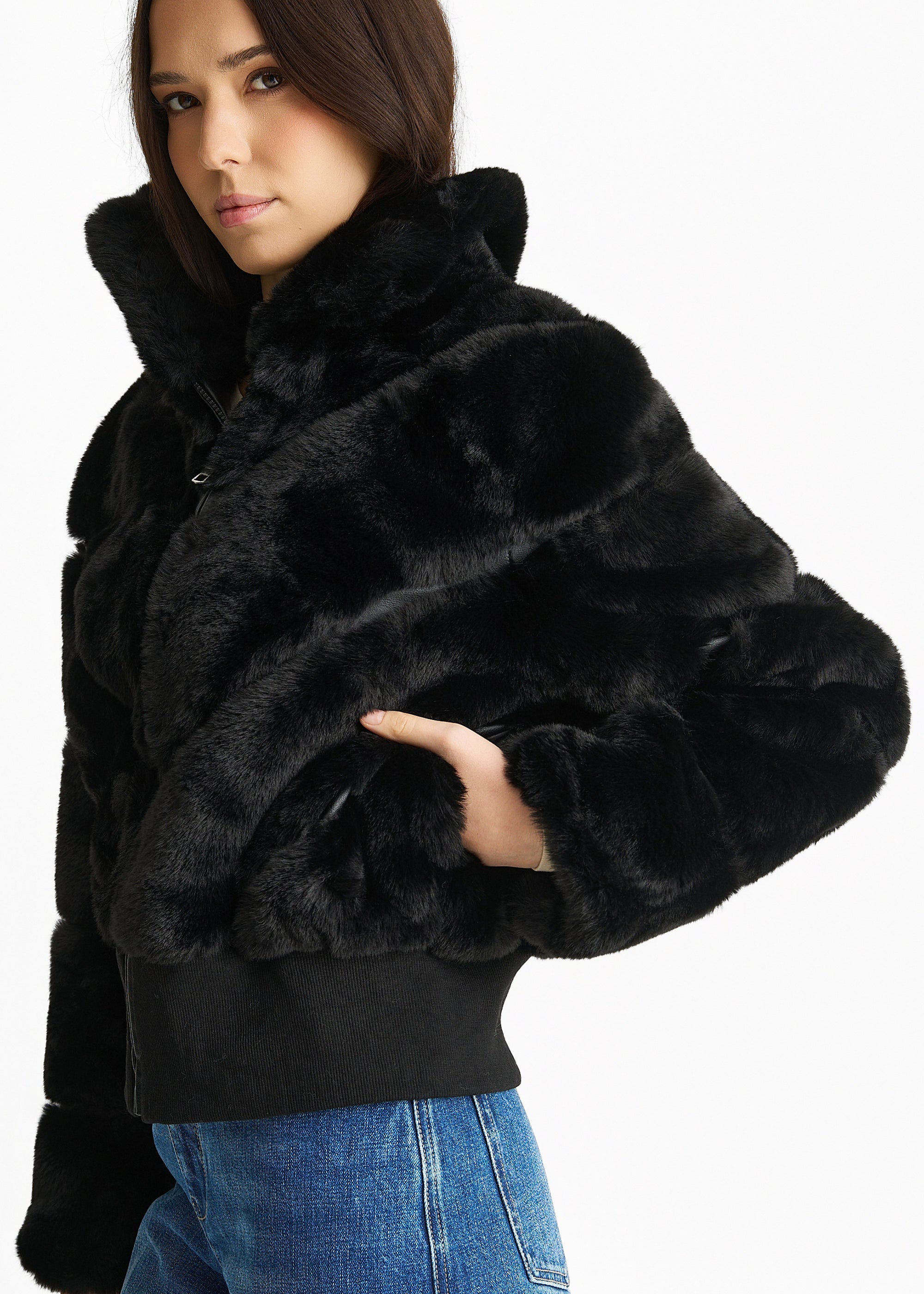 Black Faux Fur Zip Front Short Jacket