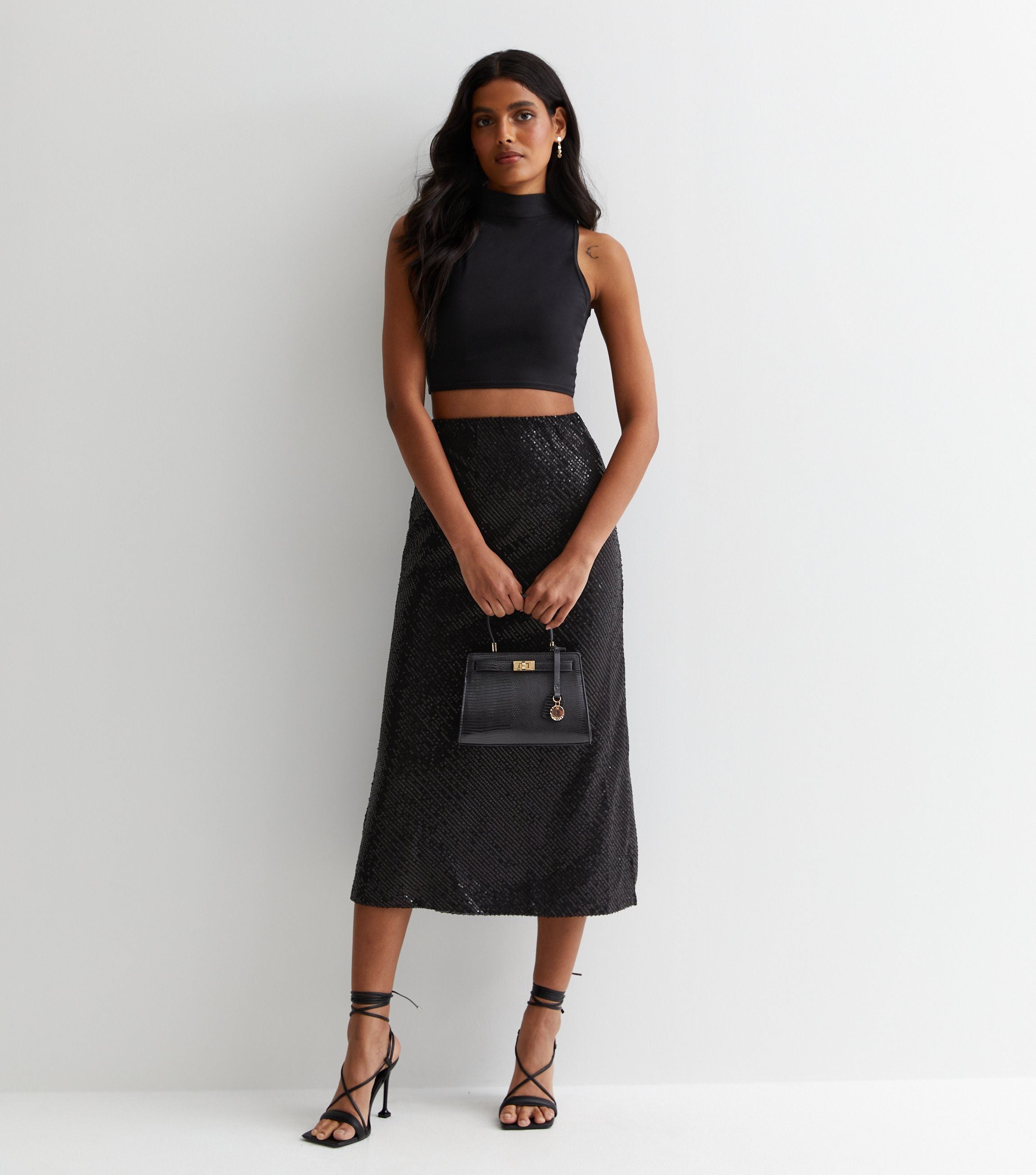 Black Sequin Bias Midi Skirt