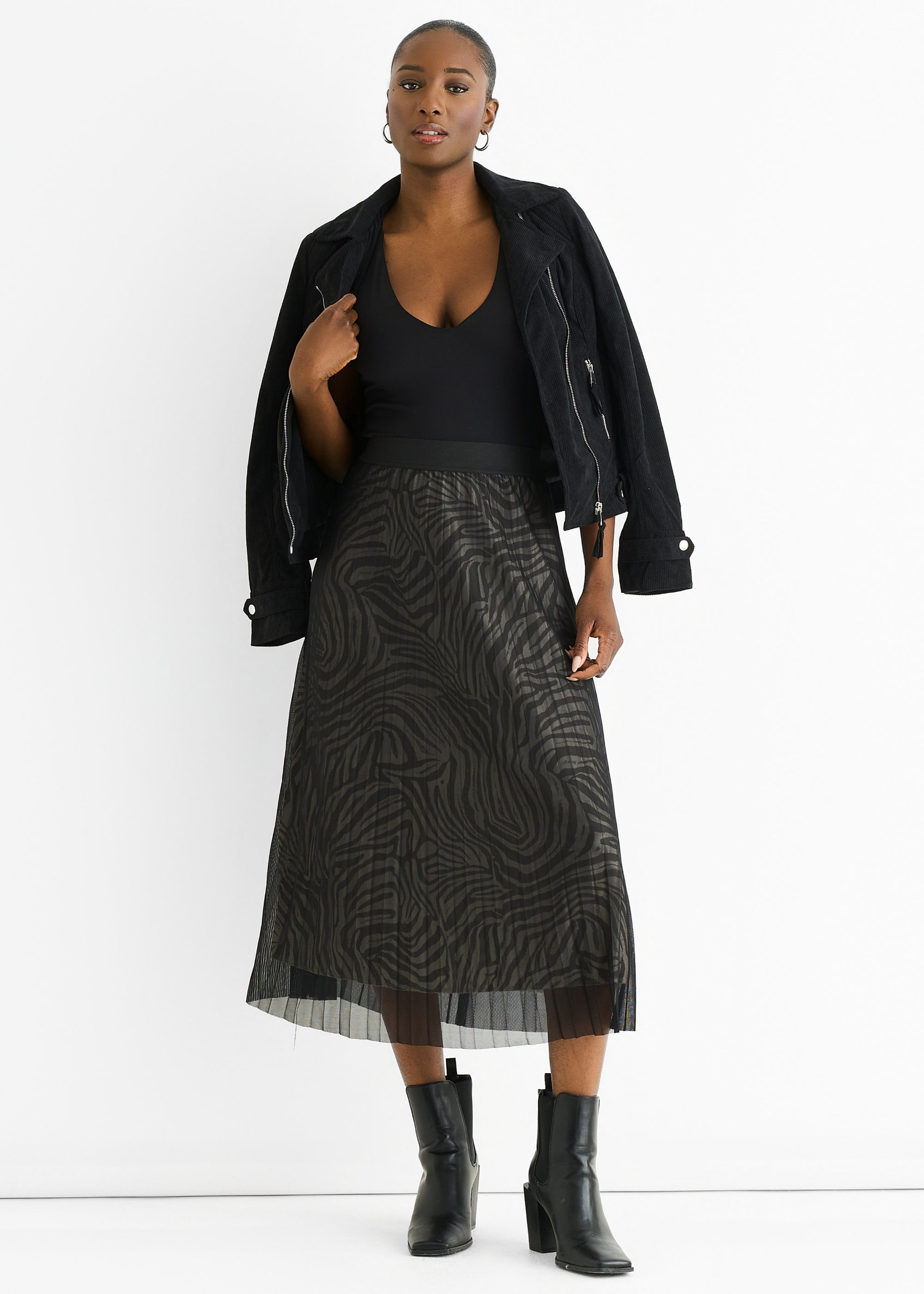 Black Animal Print Mesh Overlay Pleated Midi Skirt