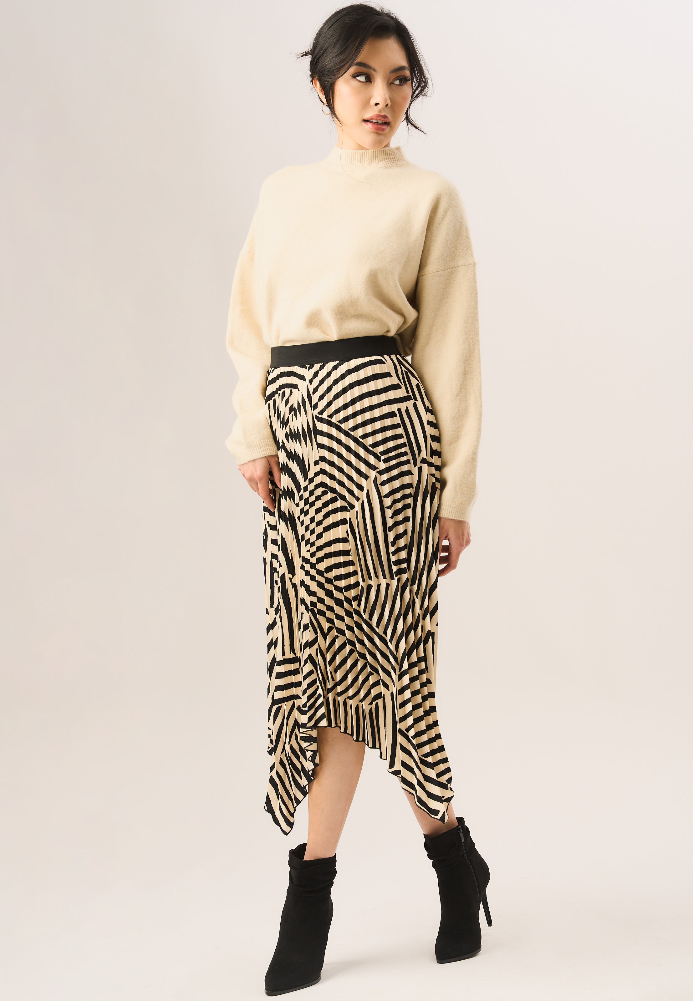 Beige Asymmetric Hem Pleated Midi Skirt