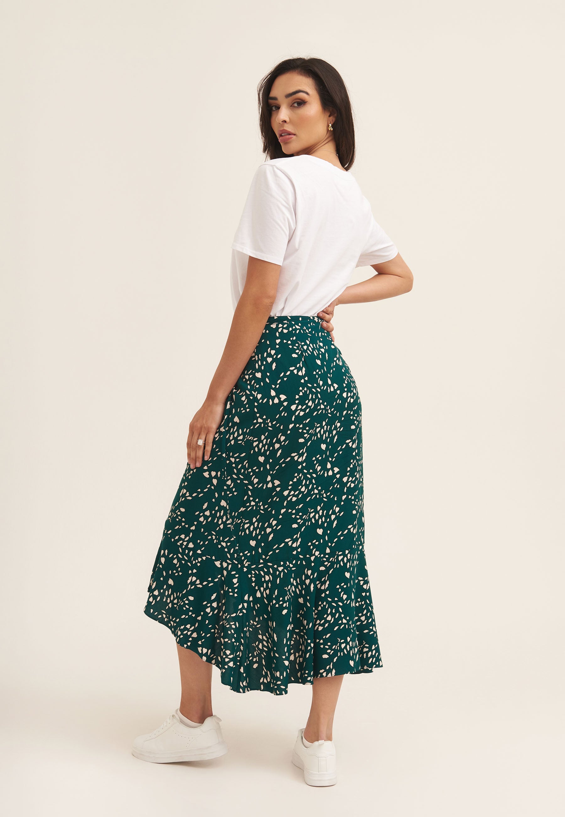 Green Animal Print Ruffle Wrap Midi Skirt