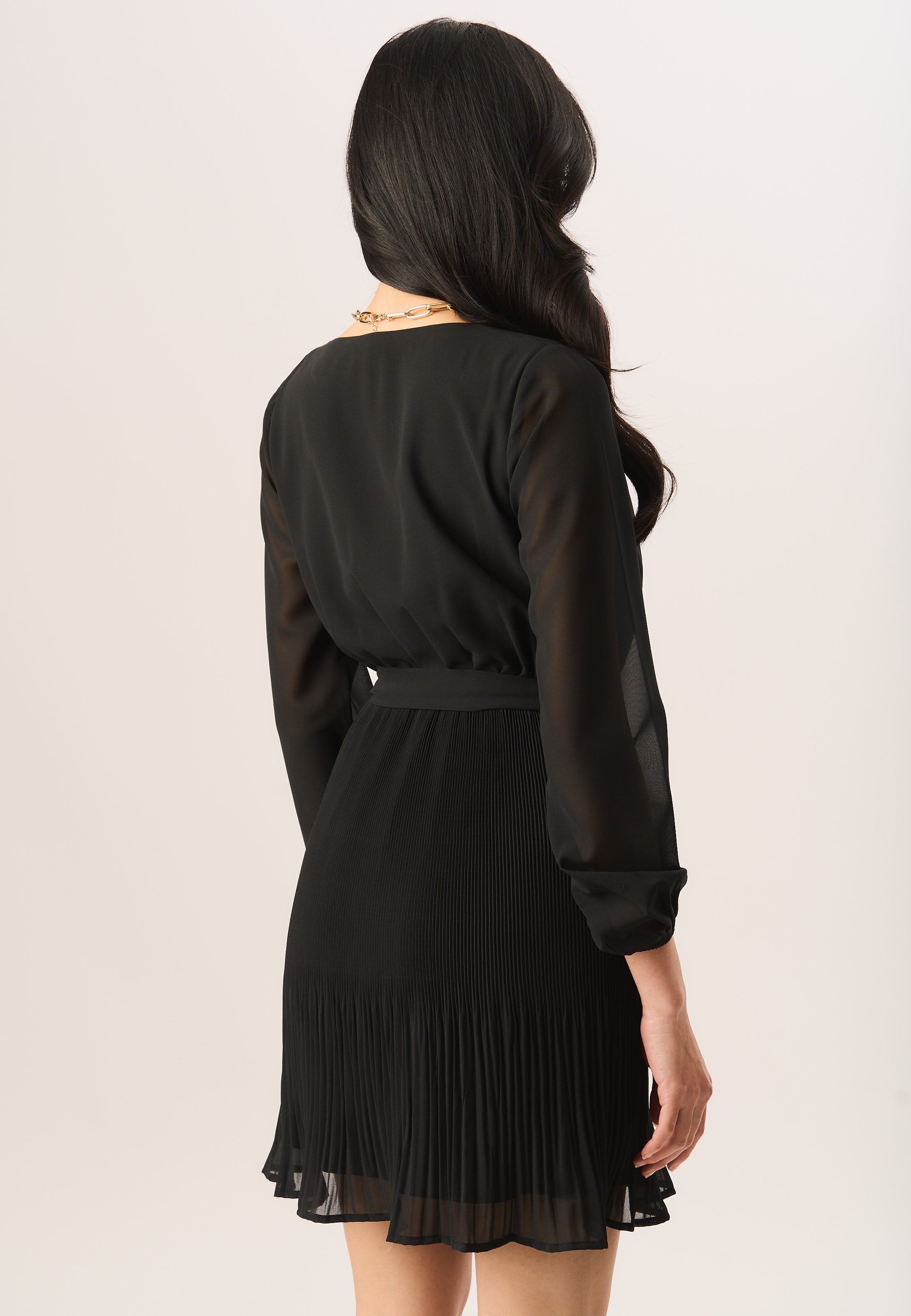 Black Pleated Long Sleeve Wrap Mini Dress