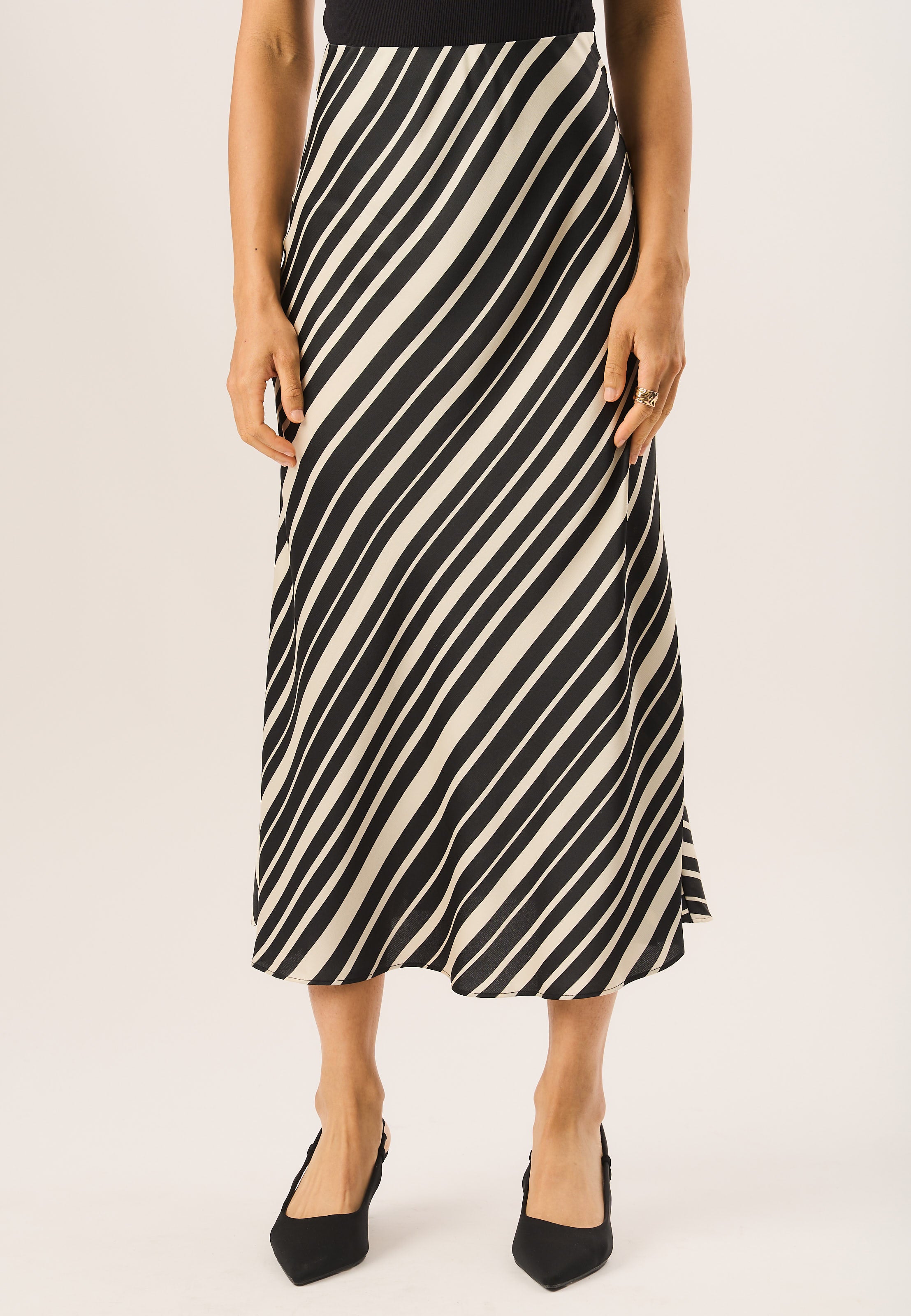 Black Bias Stripe Midi Skirt