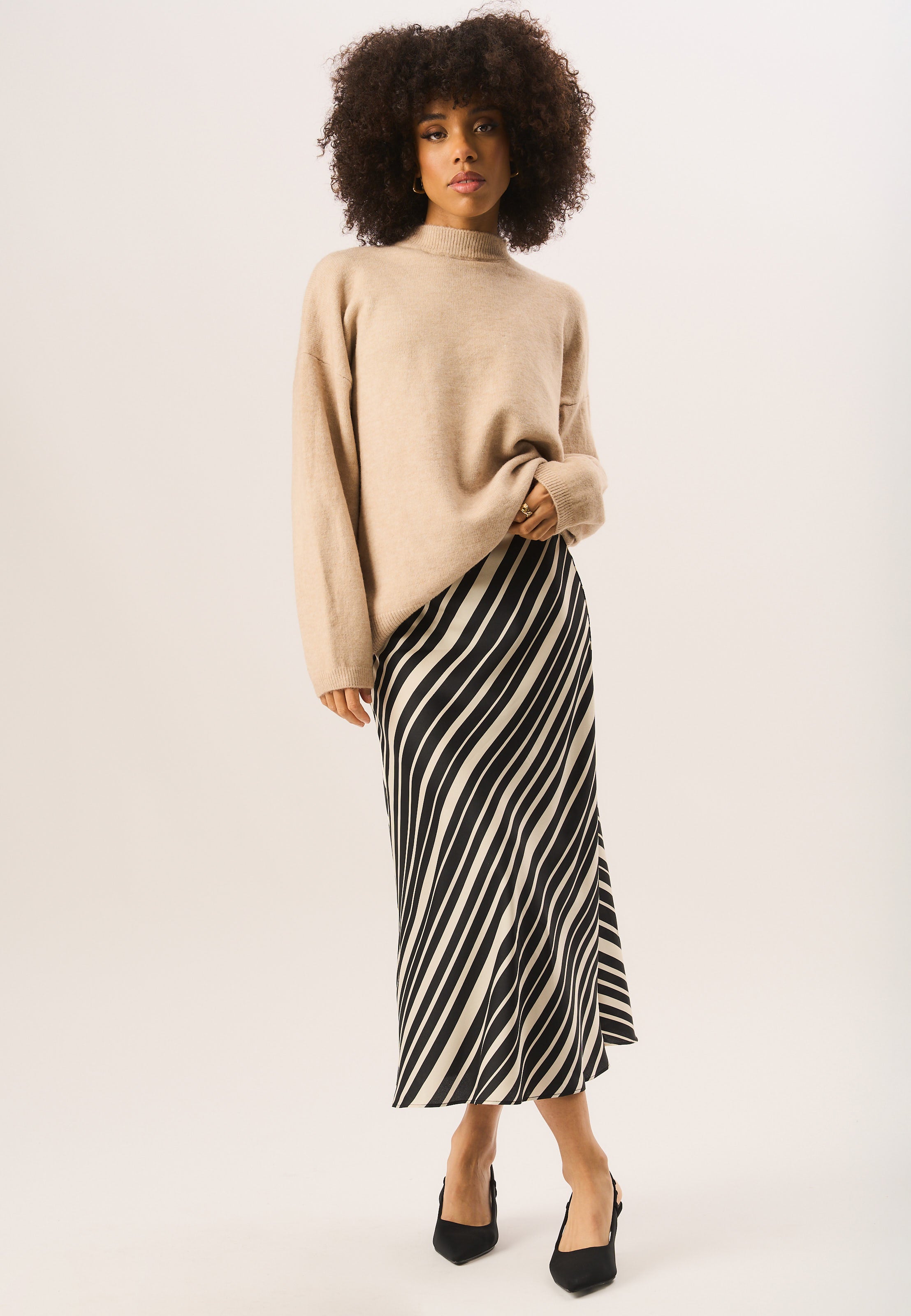 Black Bias Stripe Midi Skirt