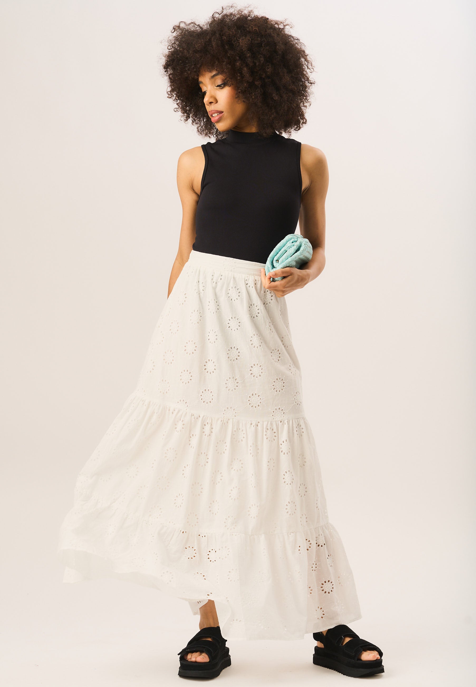 White Tiered Lace Embroidered Long Skirt