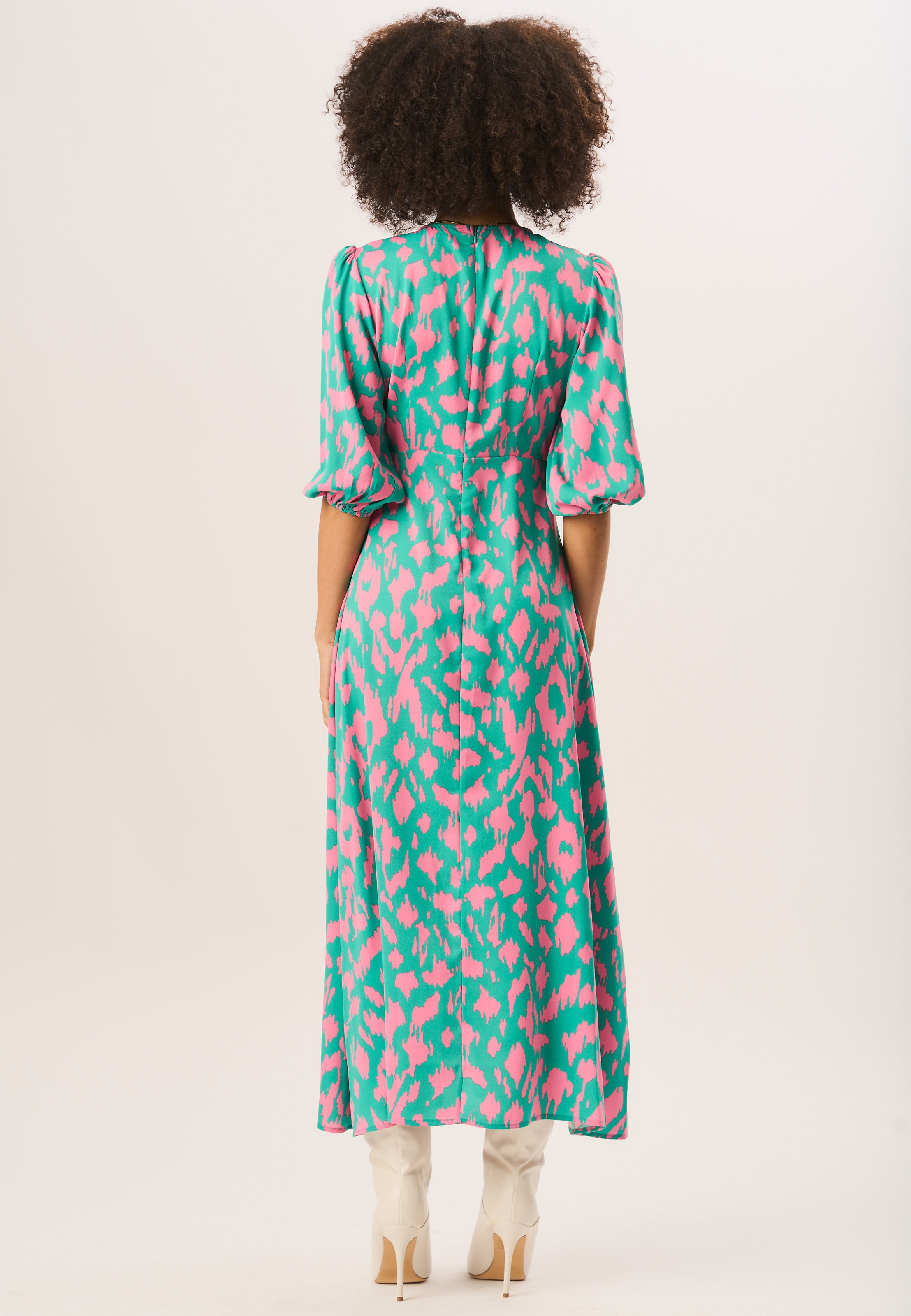 Green Animal Print V Neck Shift Midi Dress