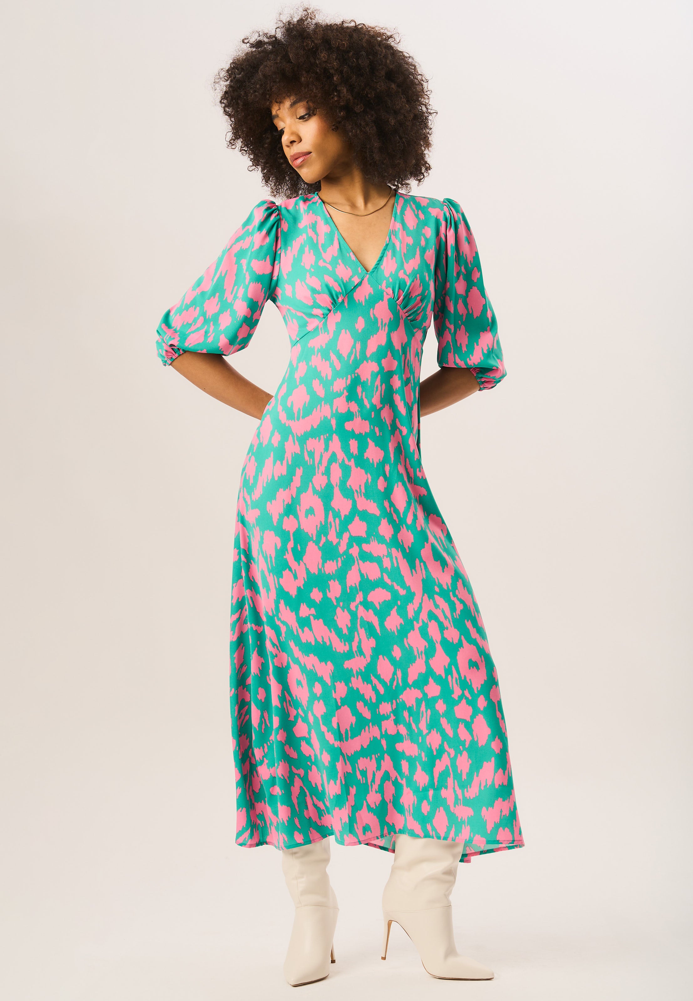 Green Animal Print V Neck Shift Midi Dress