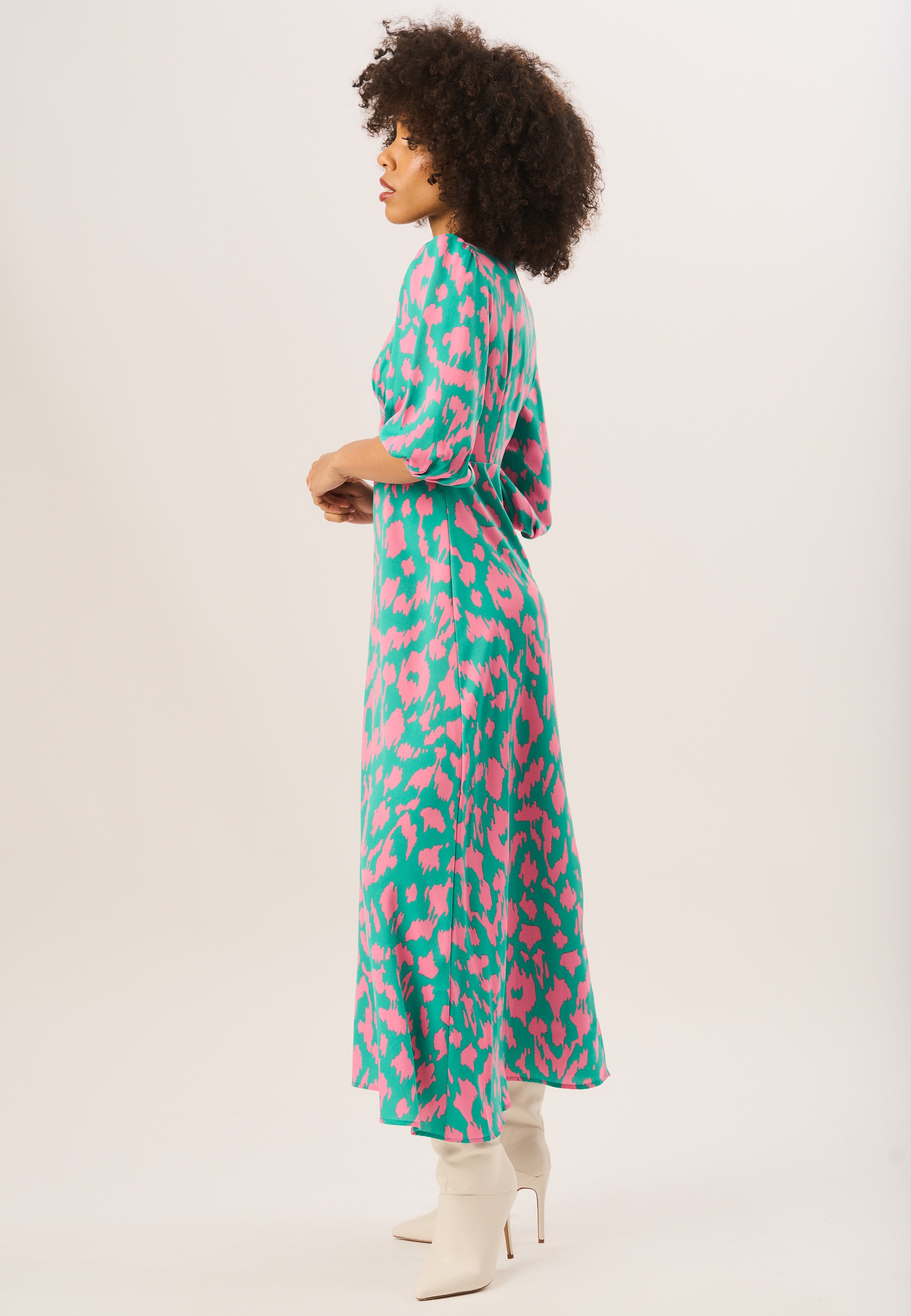 Green Animal Print V Neck Shift Midi Dress