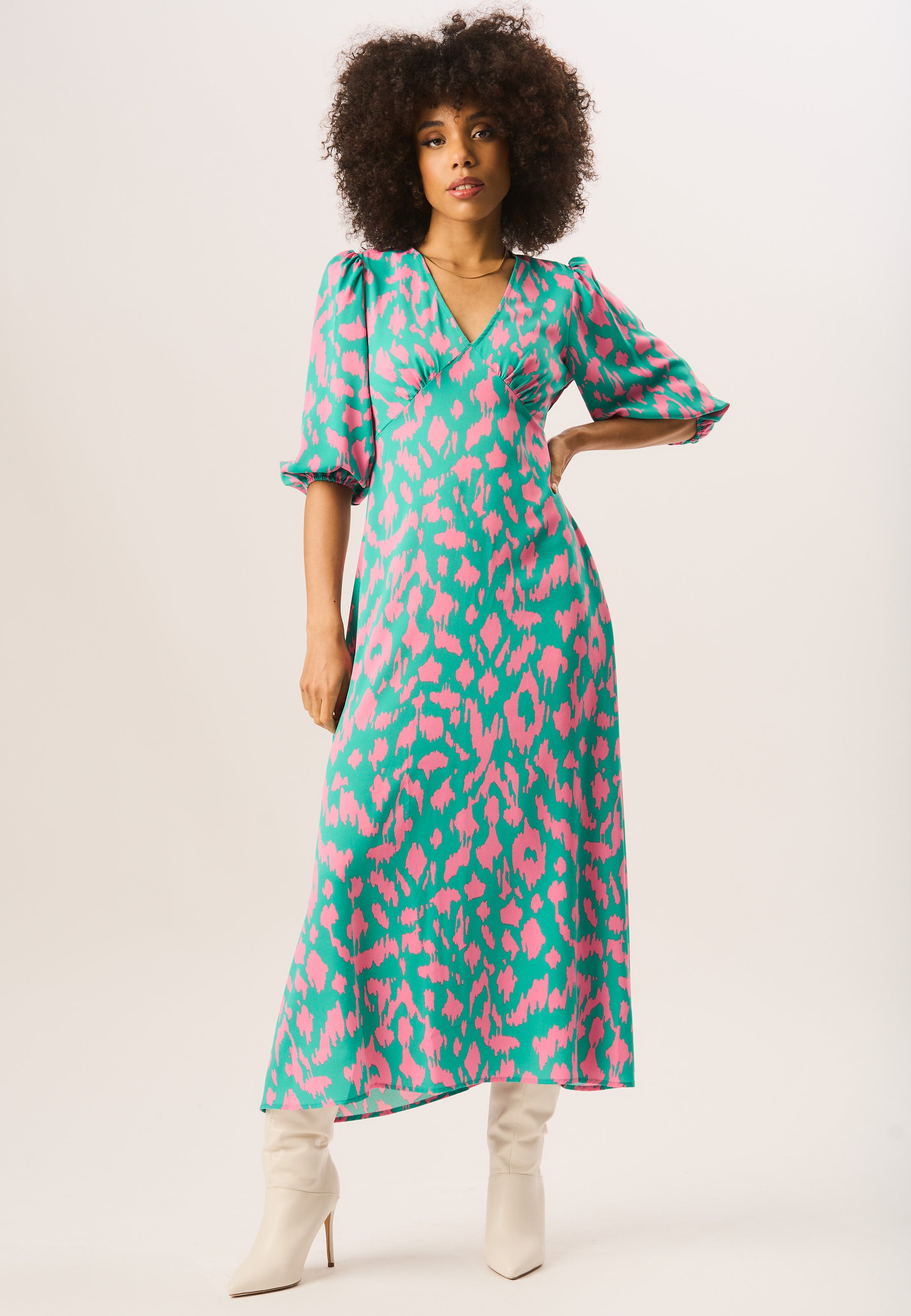 Green Animal Print V Neck Shift Midi Dress