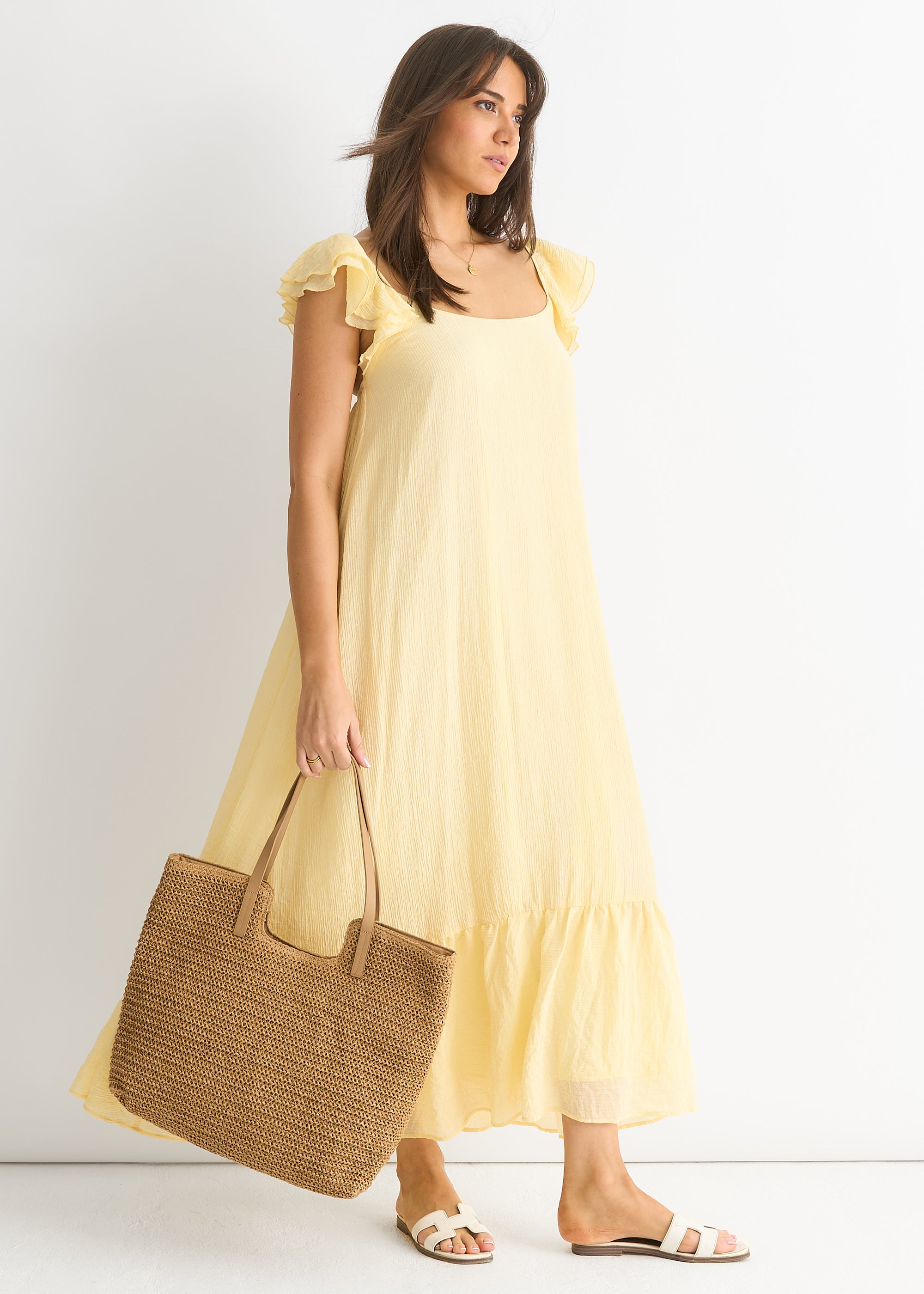 Lemon Ruffle Short Sleeve Viscose Maxi Dress