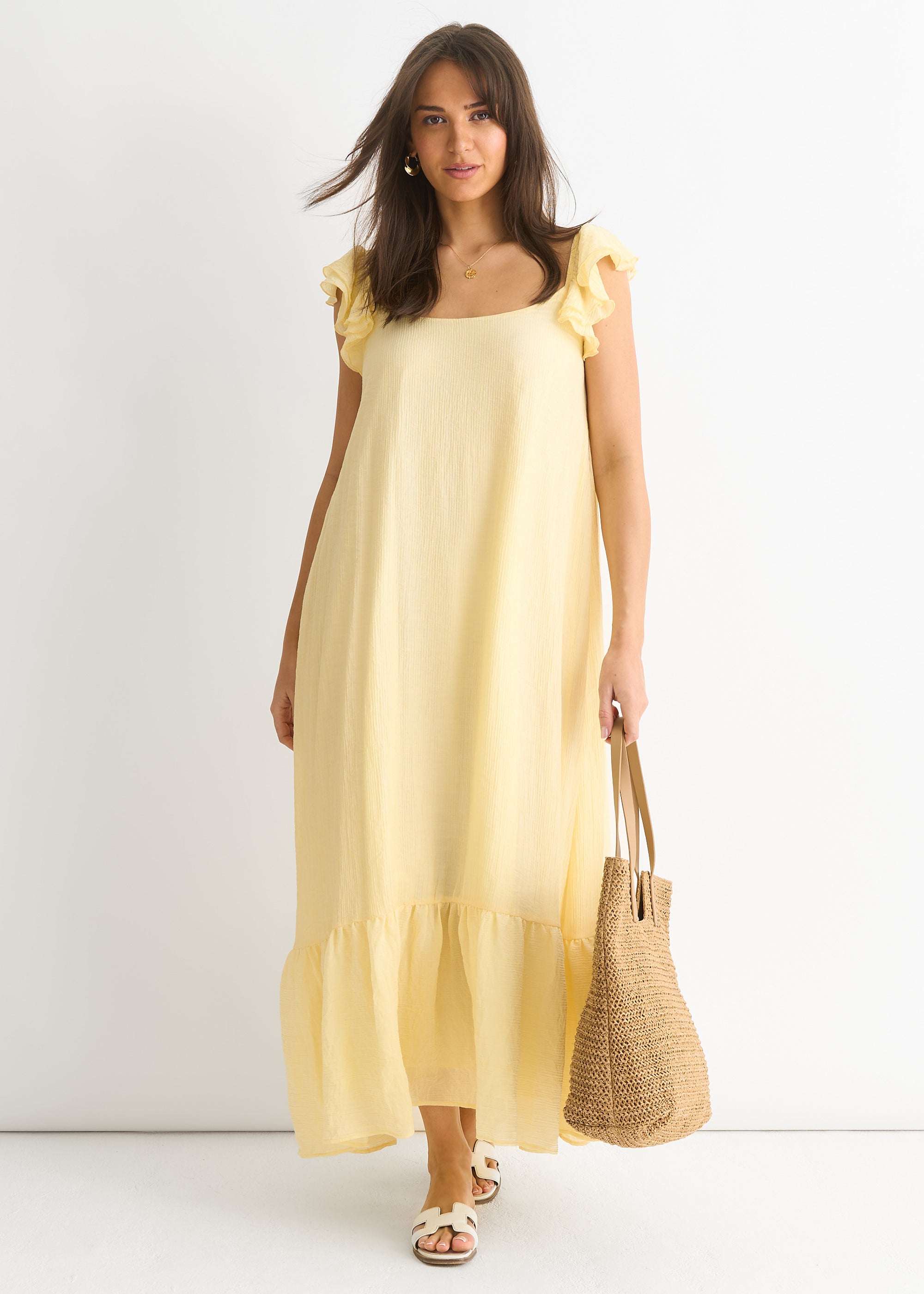 Lemon Ruffle Short Sleeve Viscose Maxi Dress