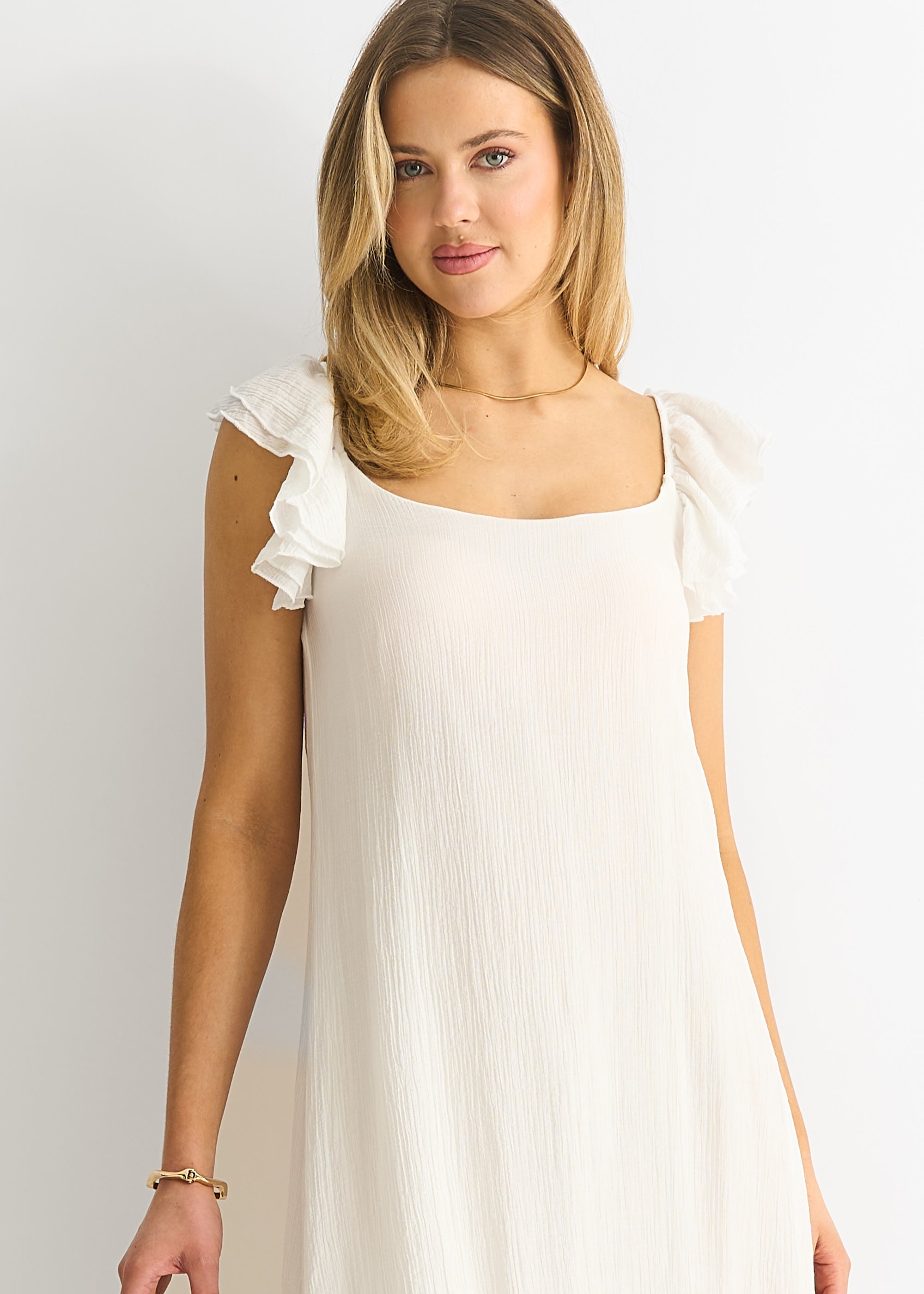 White Ruffle Short Sleeve Viscose Maxi Dress