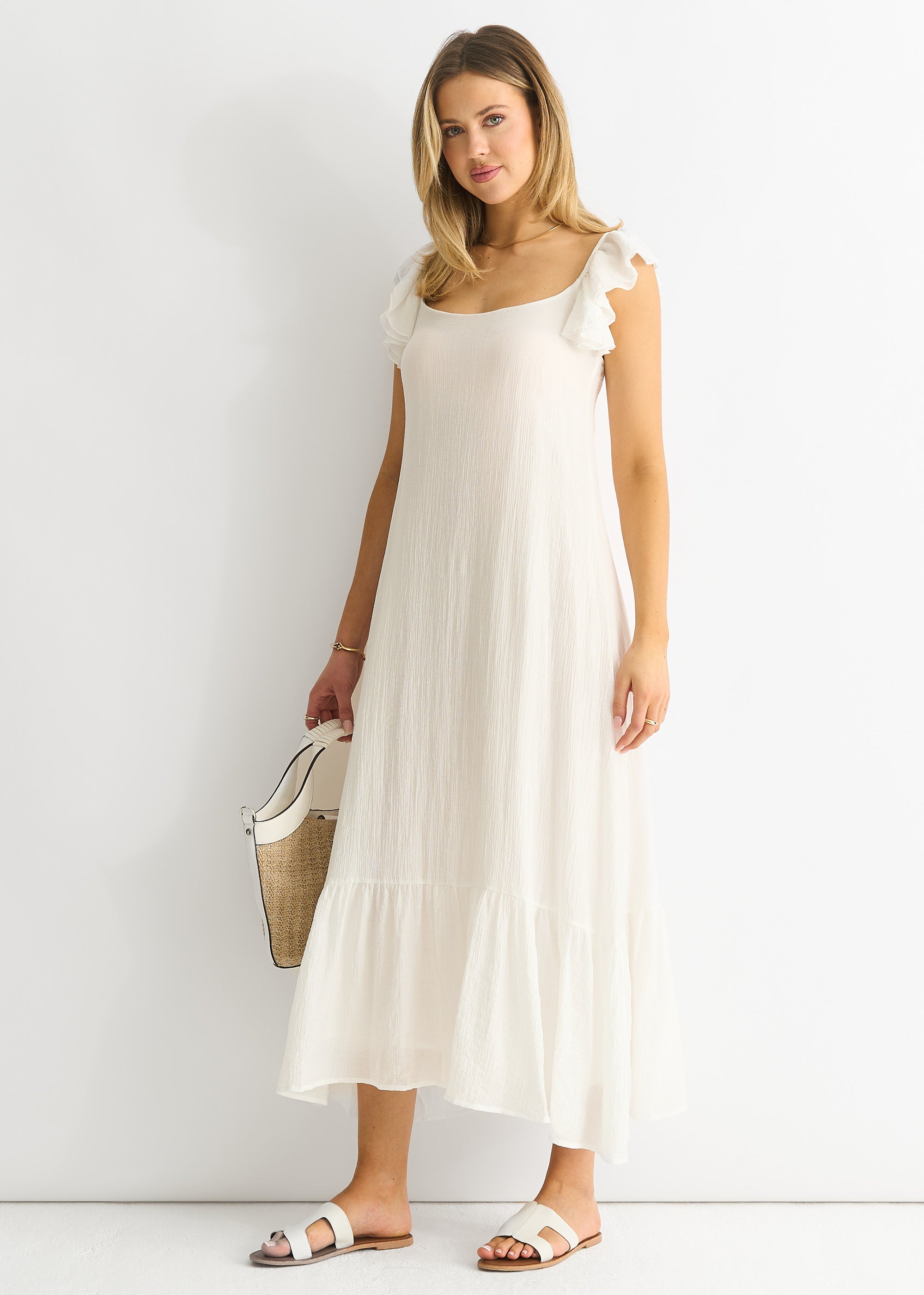 White Ruffle Short Sleeve Viscose Maxi Dress