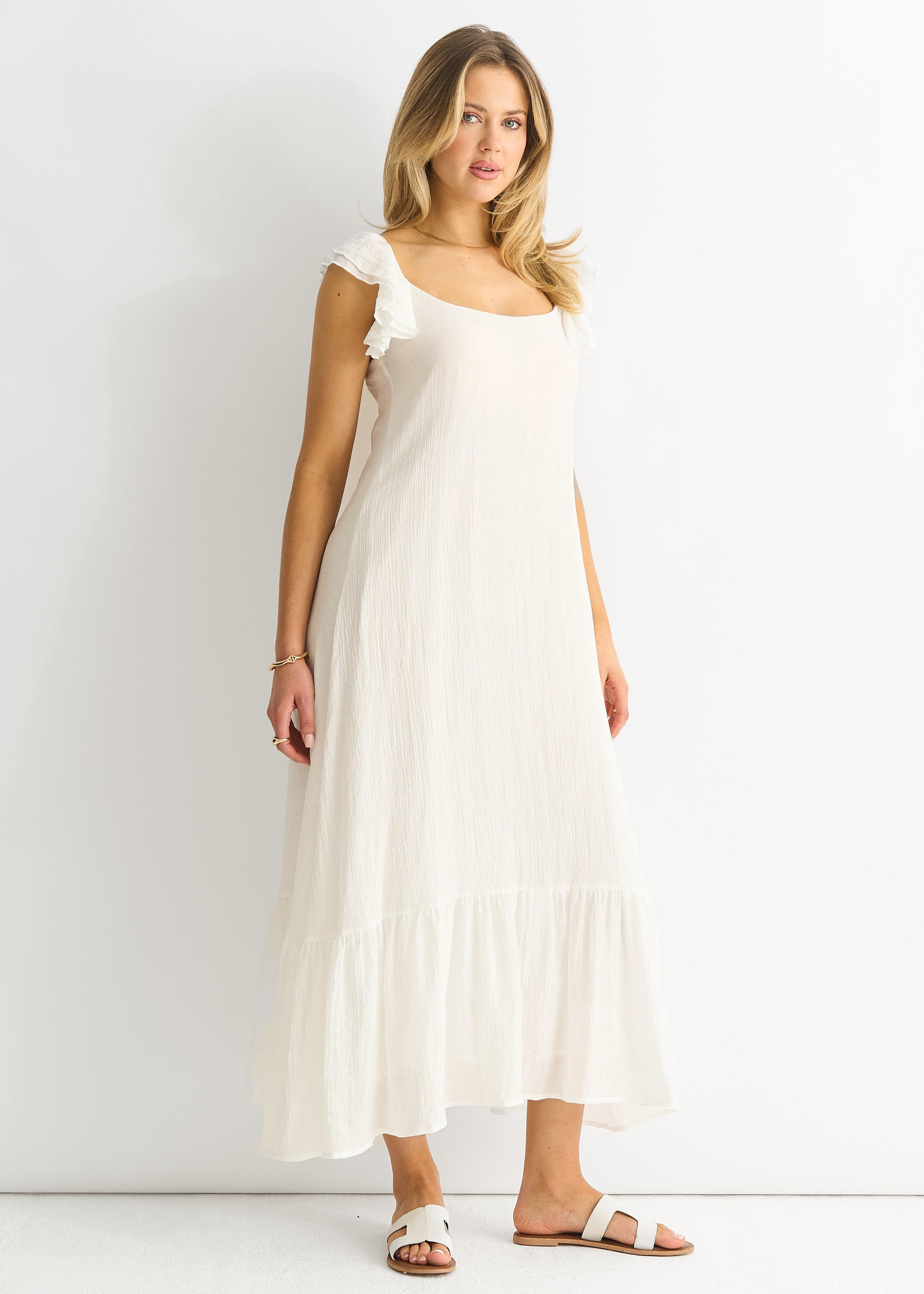 White Ruffle Short Sleeve Viscose Maxi Dress