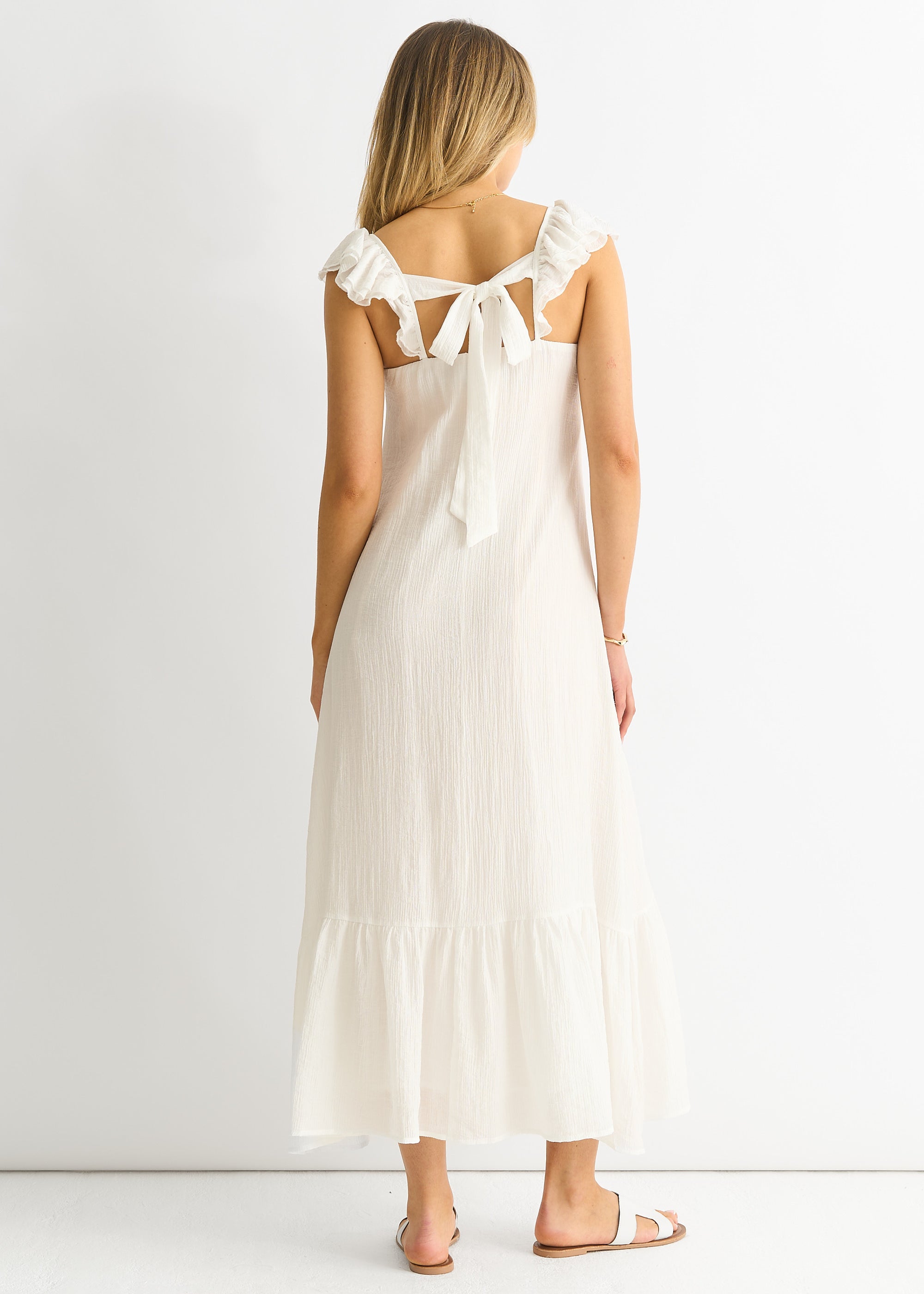 White Ruffle Short Sleeve Viscose Maxi Dress