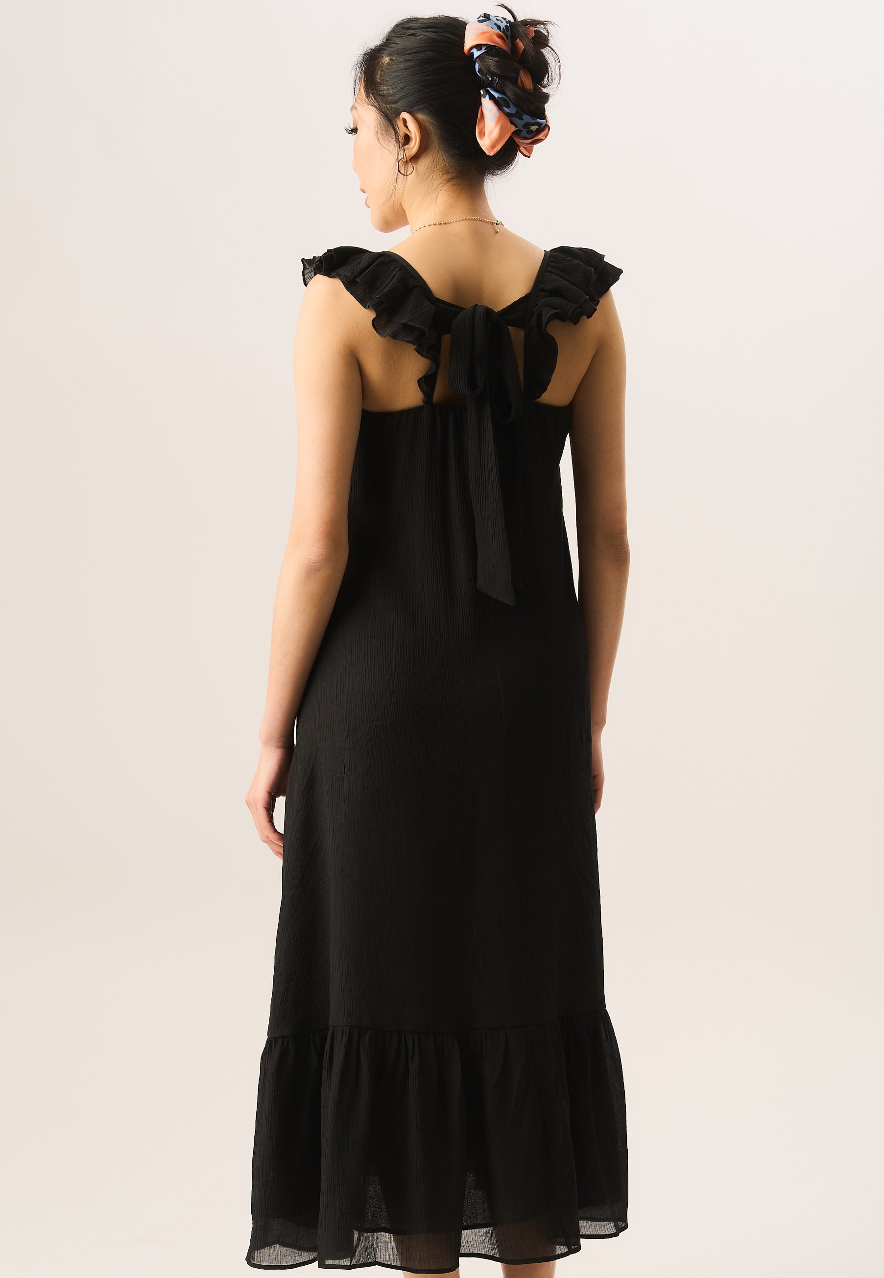 Black Ruffle Short Sleeve Viscose Maxi Dress