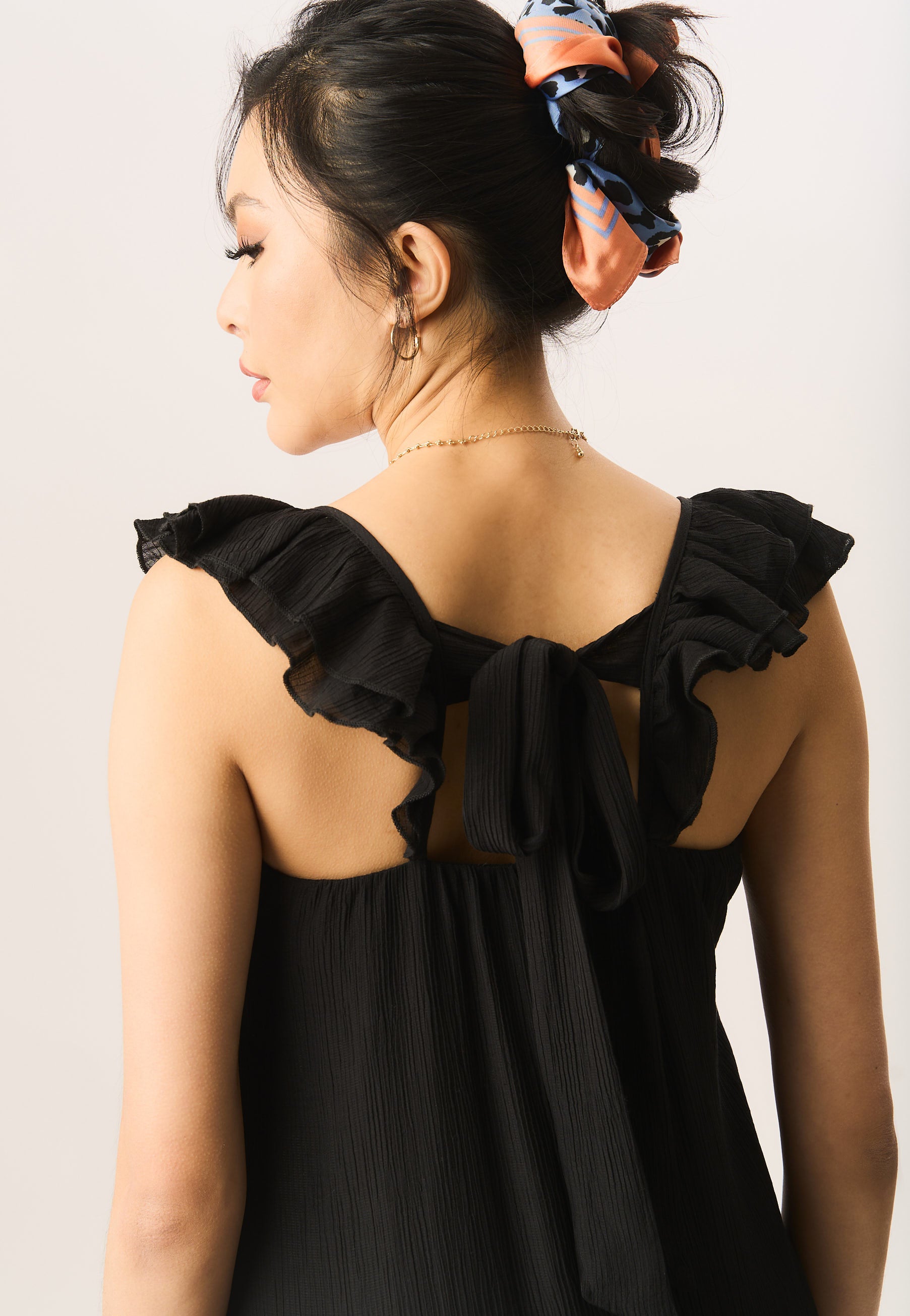 Black Ruffle Short Sleeve Viscose Maxi Dress