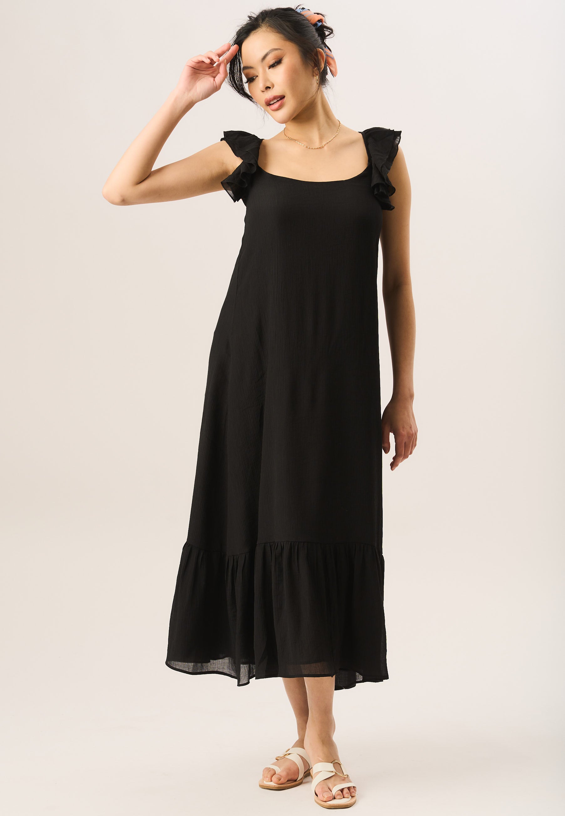 Black Ruffle Short Sleeve Viscose Maxi Dress